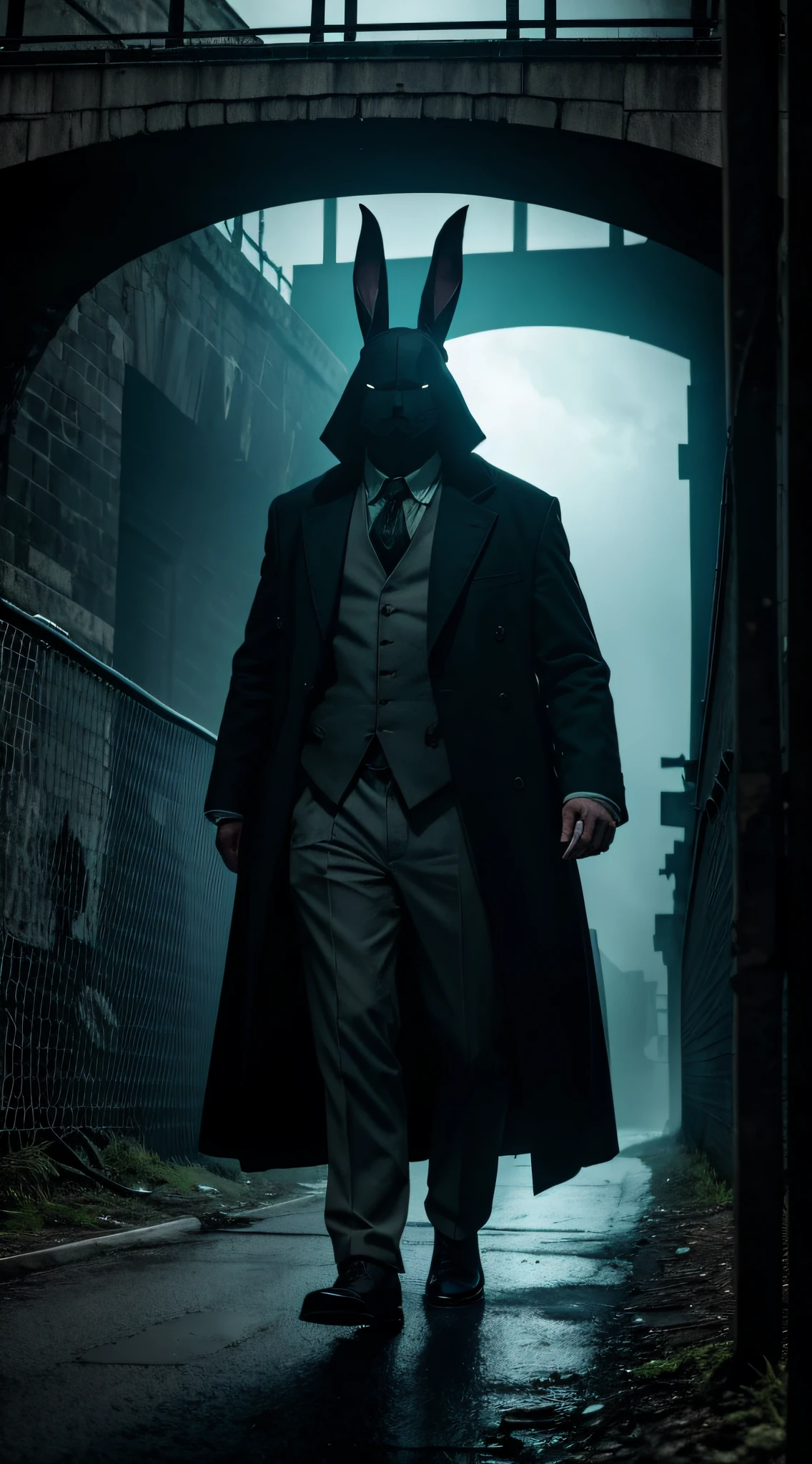 "Generate a haunting portrayal of the Bunny Man's ghostly figure lurking under the bridge, with an aura of malevolence."