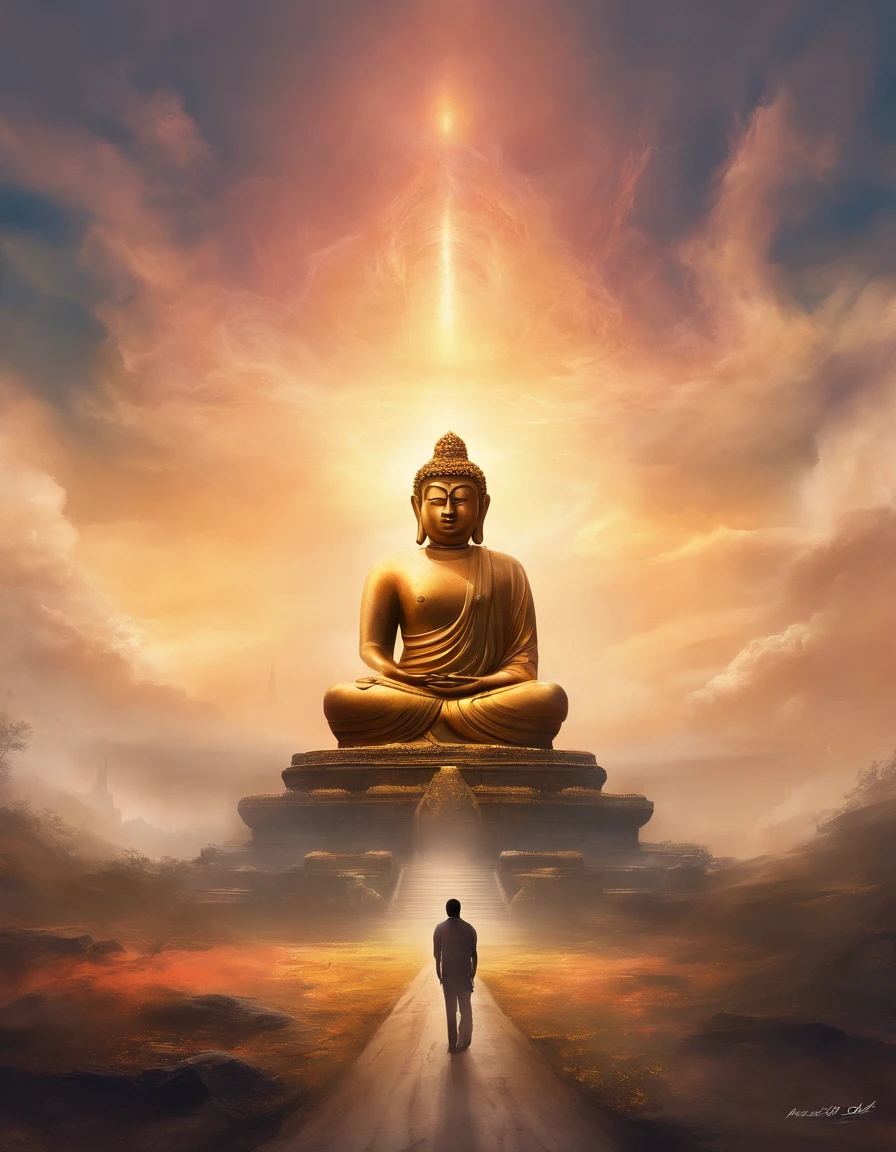 Huge Buddha statue in the distance, stone statue, Texture, tall, An majestic, The background is illuminated by sunlight，Clouds, Inverted image，Lateral face，Pilgrims on the road