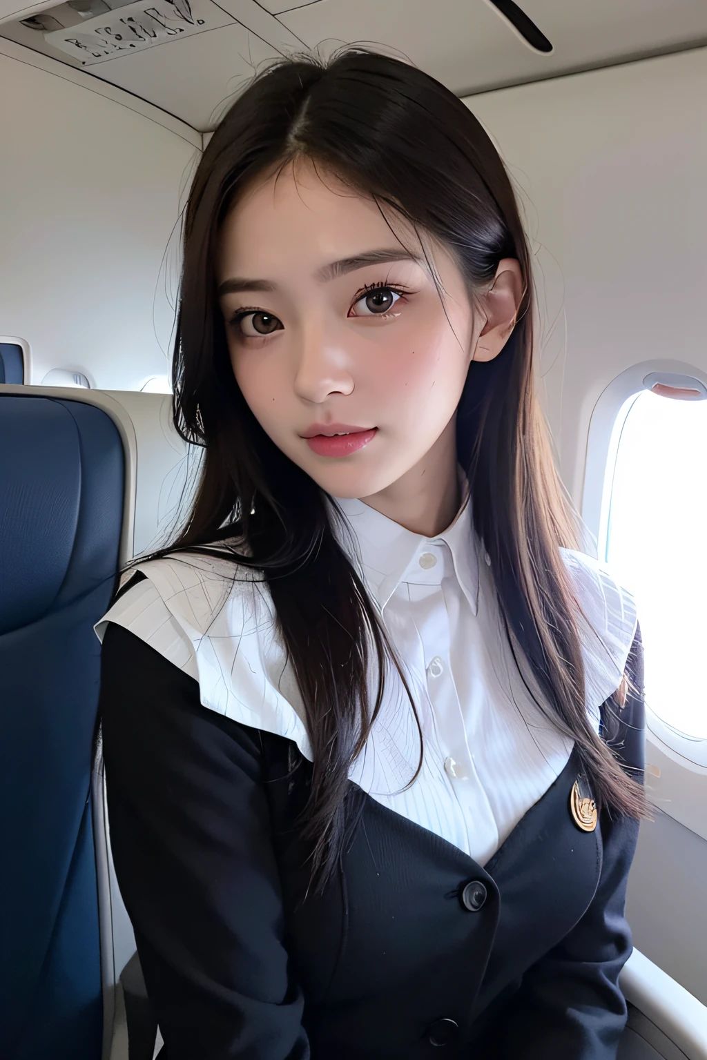 Top Quality, Masterpiece, 8K, Ultra High Definition, (Photorealistic: 1.4), 1 Girl, Beautiful Face, Symmetrical Eyes, Big, Perfect Body Proportions, Stewardess Uniform, Viewer's Look, (Inside the Airplane: 1.2), Front View, Shoulder Jump, Absolute Area (1.3),