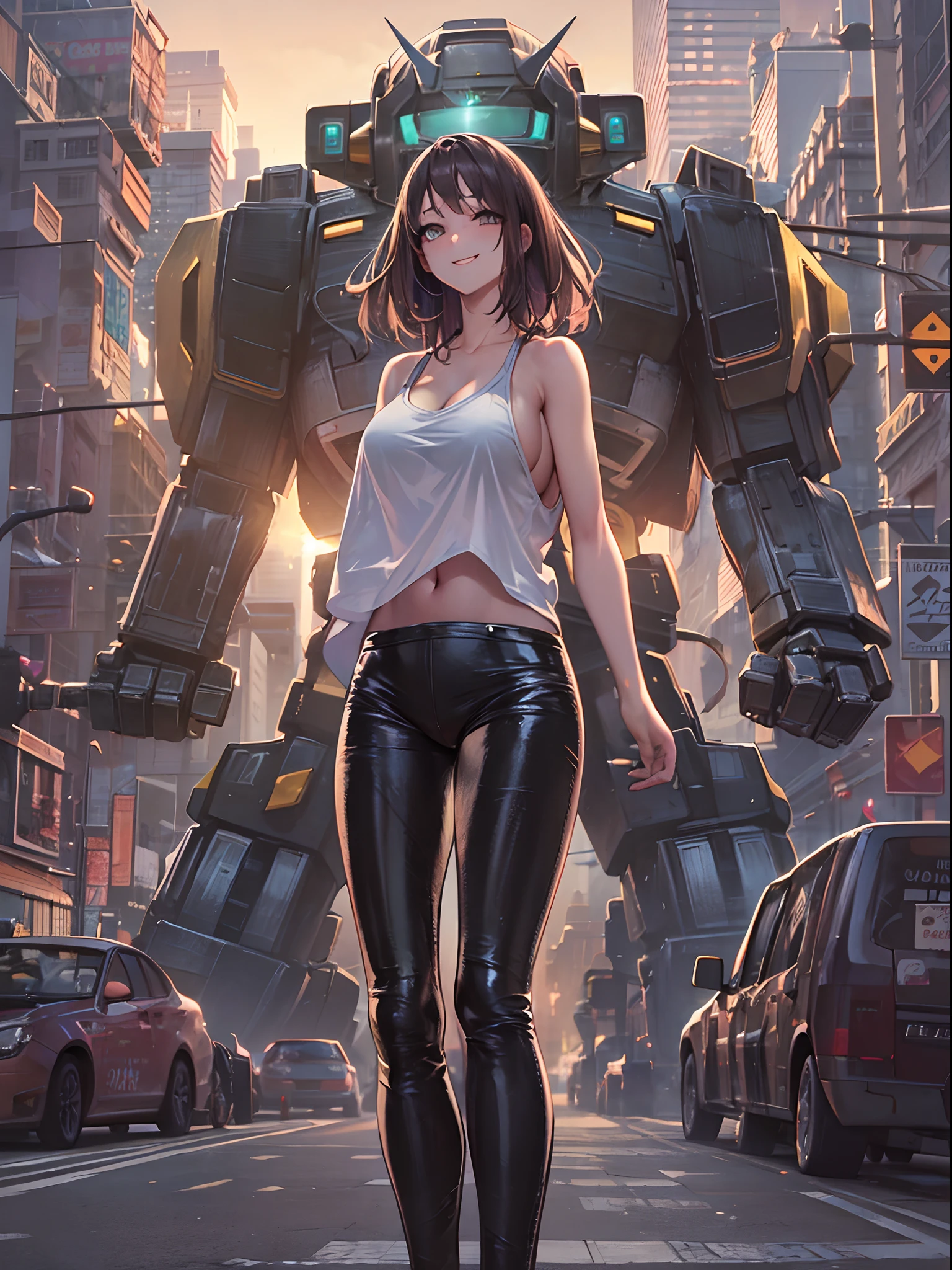 1adult lady,(huge bust),((Super giant robot)),Shiny smile,Tank Tops,Black leather pants,full body Esbian,Beautiful city at dawn,