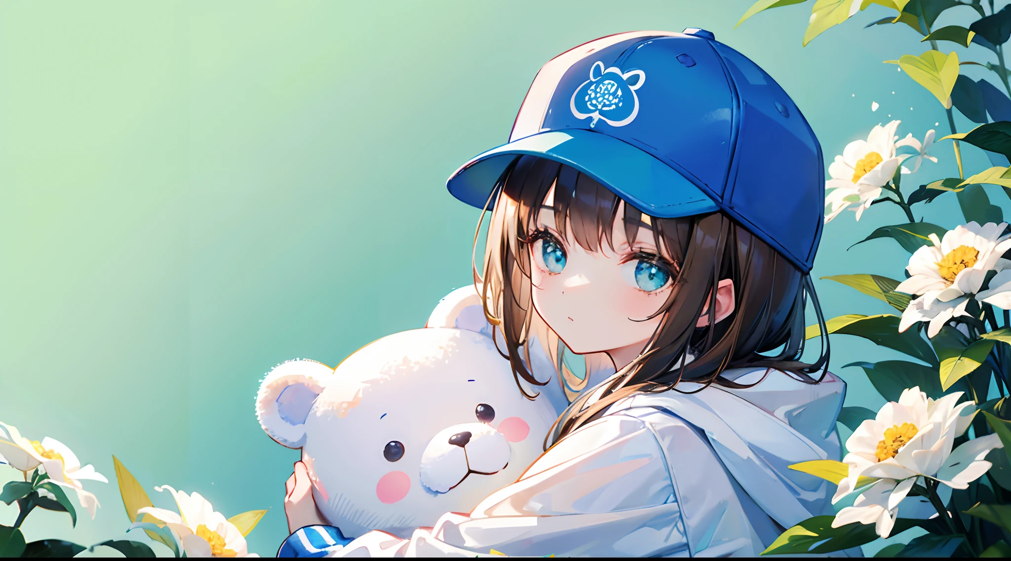 1girl, in a sweatshirt, hugging a white teddy bear, beautiful forest in the background, floating brown cookies in the background, flowers in the background, a blue baseball cap, green background, brown background 8k, masterpiece