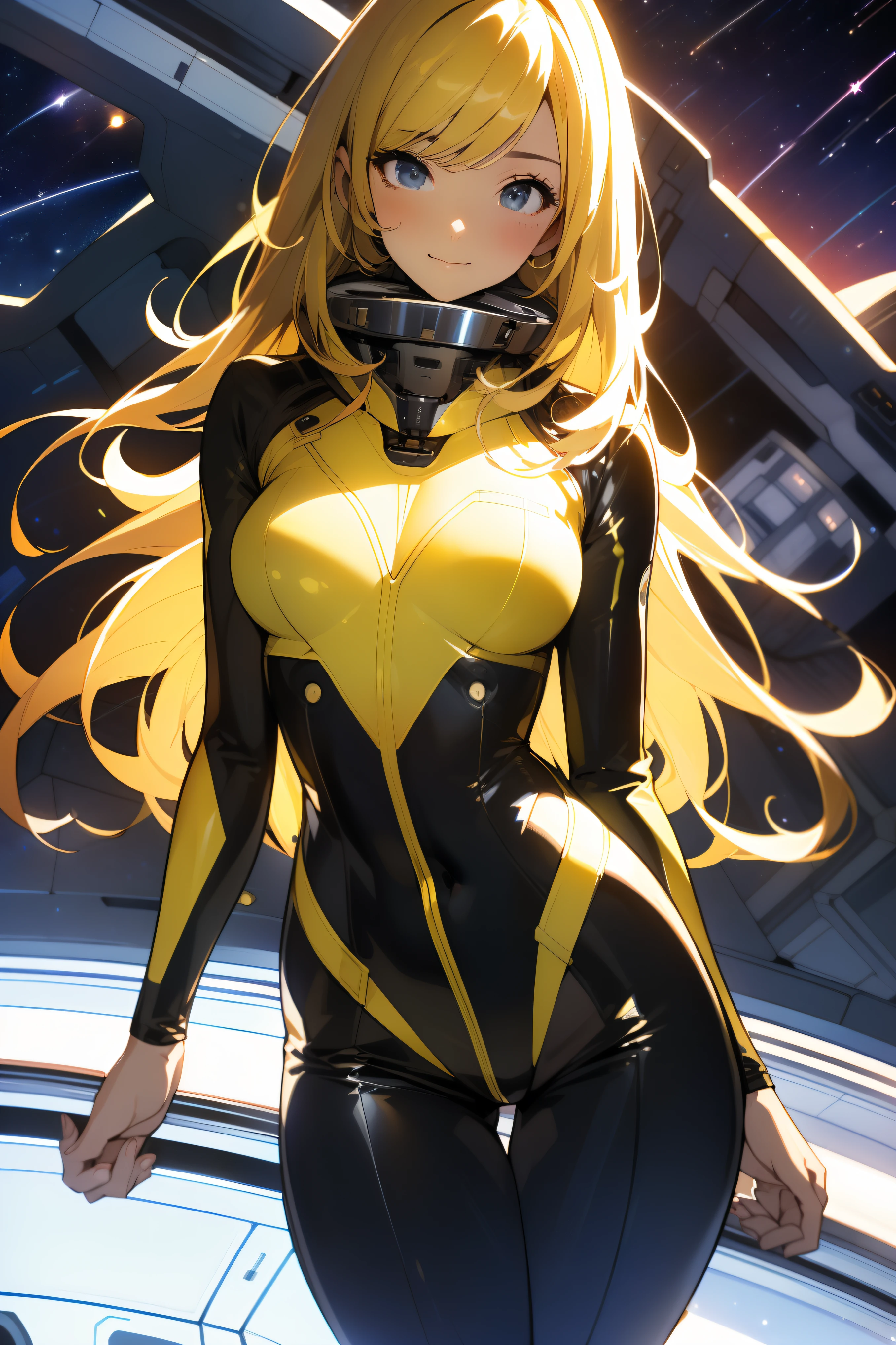 (masterpiece, best quality:1.2), (cowboy shot:1.1), solo, 1girl, mori yuki, slight smile, closed mouth, looking at viewer, blonde hair, thigh gap, yellow bodysuit, skin-tight, perfect body, belt, large window, (starship porthole:1.3), from front, (spread legs:1.3), (standing:1.1), thigh gap, perfect hands, bright starship interior, (outer space view:1.1), (orbital view:1.3), (night, stary sky:1.5), milky way