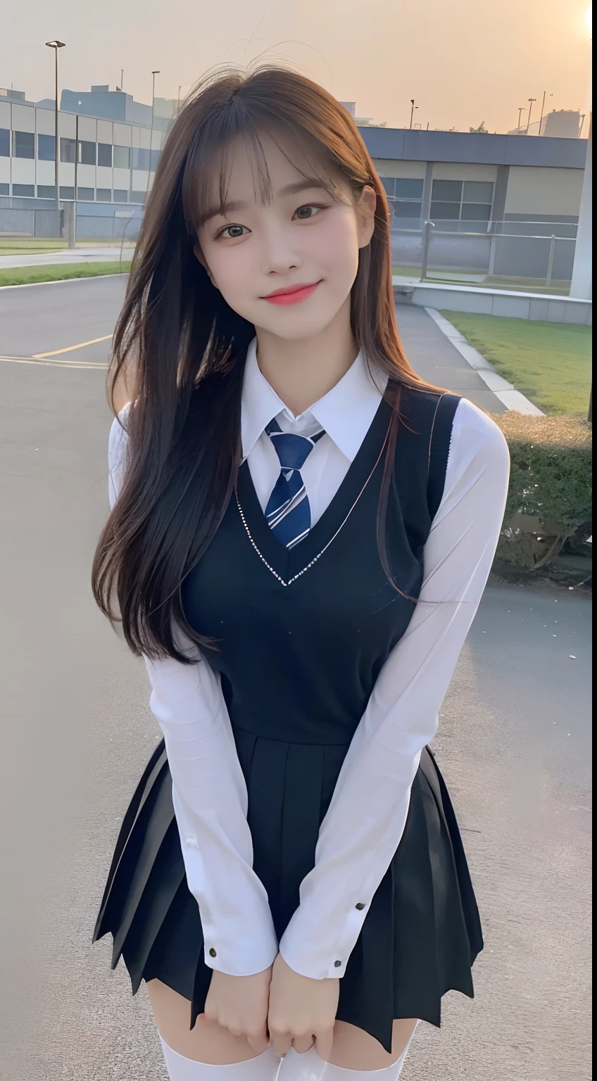 (1 Korean star with royal sister style), ((Best quality, 8K, Masterpiece: 1.3)), Focus: 1.2, Perfect body beauty: 1.4, (Make a smile), (Sunset: 1.3),  Watery eyes, Highly detailed face and skin texture, Fine eyes, Double eyelids, Whitens the skin, (Long hair, Air bangs: 1.3), (face round: 1.5), (JK school uniform: 1.4), (Standing on the roof: 1.6),(white stockings: 1.4),(film grain style:1.3)，a sense of atmosphere