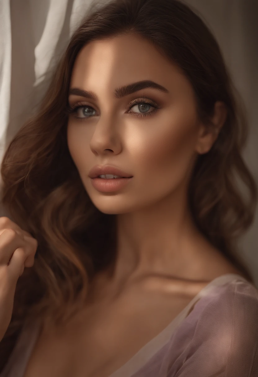 Arafed woman completely , fille sexy aux yeux bruns, ultra realist, Meticulously detailed, Portrait Sophie Mudd, cheveux bruns et grands yeux, selfie of a young woman, Dubai Eyes, Violet Myers, sans maquillage, maquillage naturel, looking straight at camera, Visage avec Artgram, Maquillage subtil, Great photo of the whole body kneeling on the bed, dans la chambre, Medium to large bust