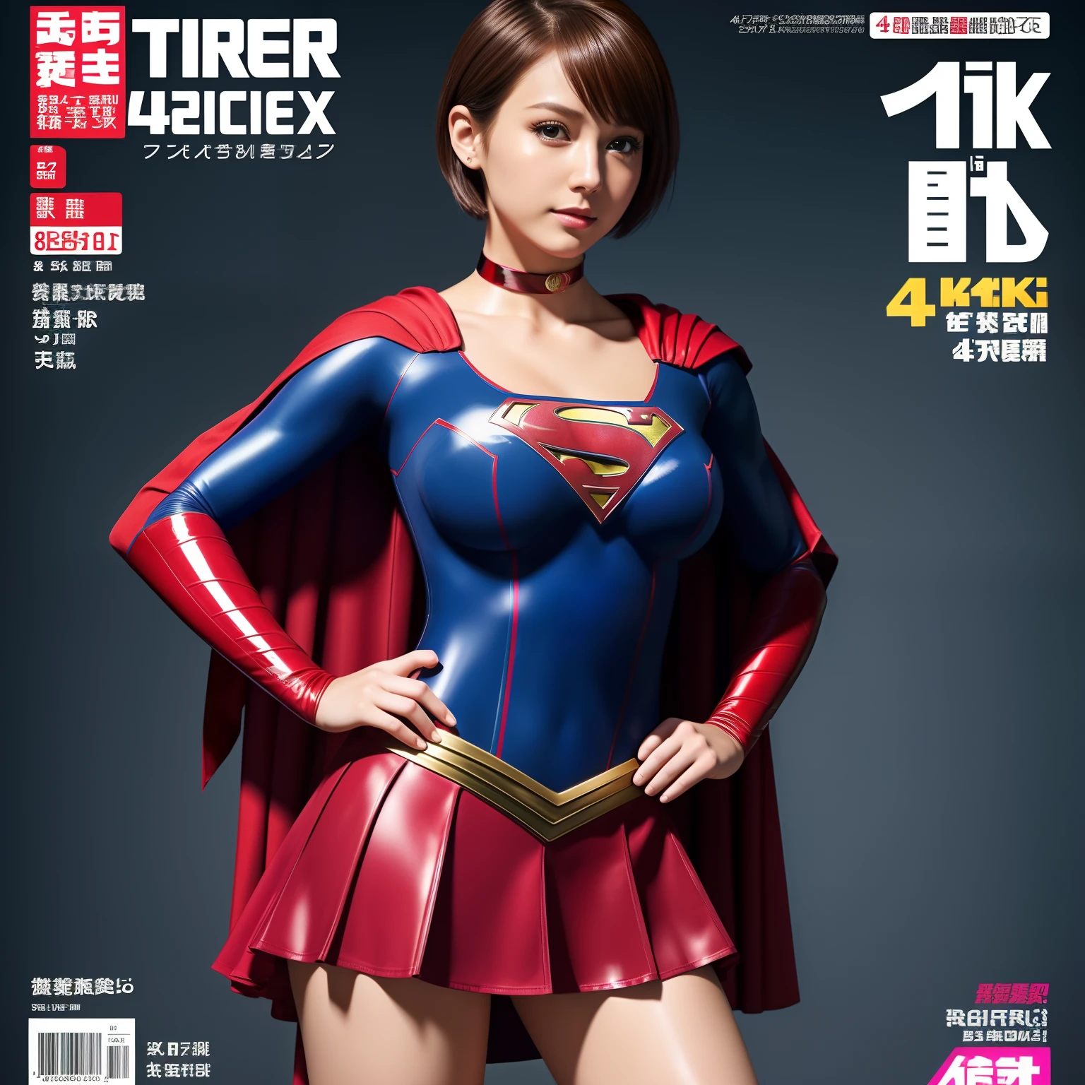 (Best Quality,4K,8K,hight resolution,masutepiece:1.2),Ultra-detailed,Realistic:1.37,Super masterpiece,Short-haired Supergirl、large full breasts、Looking at the camera、Glossy costume、a choker、Too short miniskirt、Weekly magazine cover、featuring