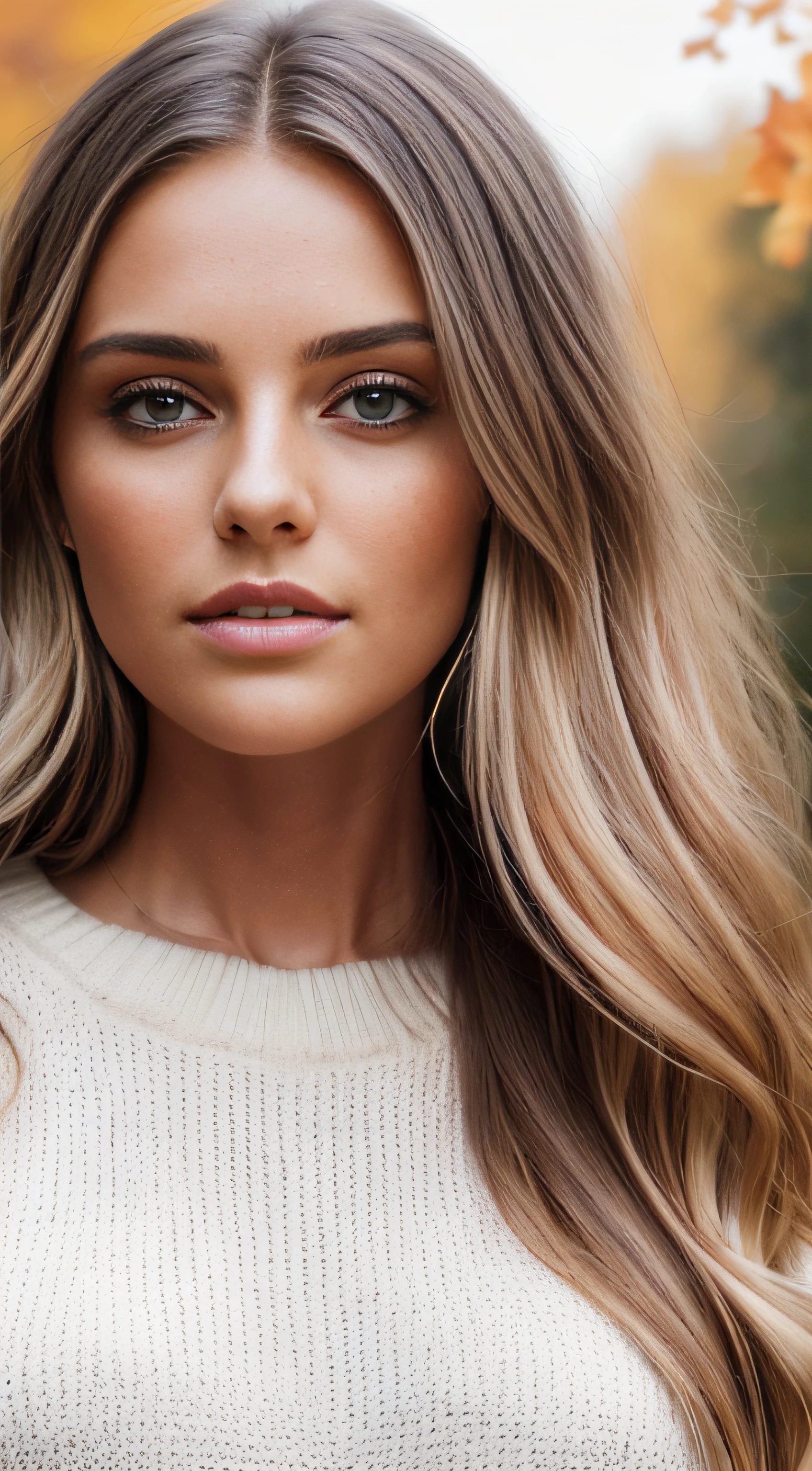 photography of a stunning girl, wearing a autumn white jumper, long bronde hair on one side, heavy bust 36DD, looks into the camera, symmetrical eyes, symmetrical face, photorealistic, photography, path tracing, specular lighting, volumetric face light, path traced hair, visible shadows, intricate, elaborate