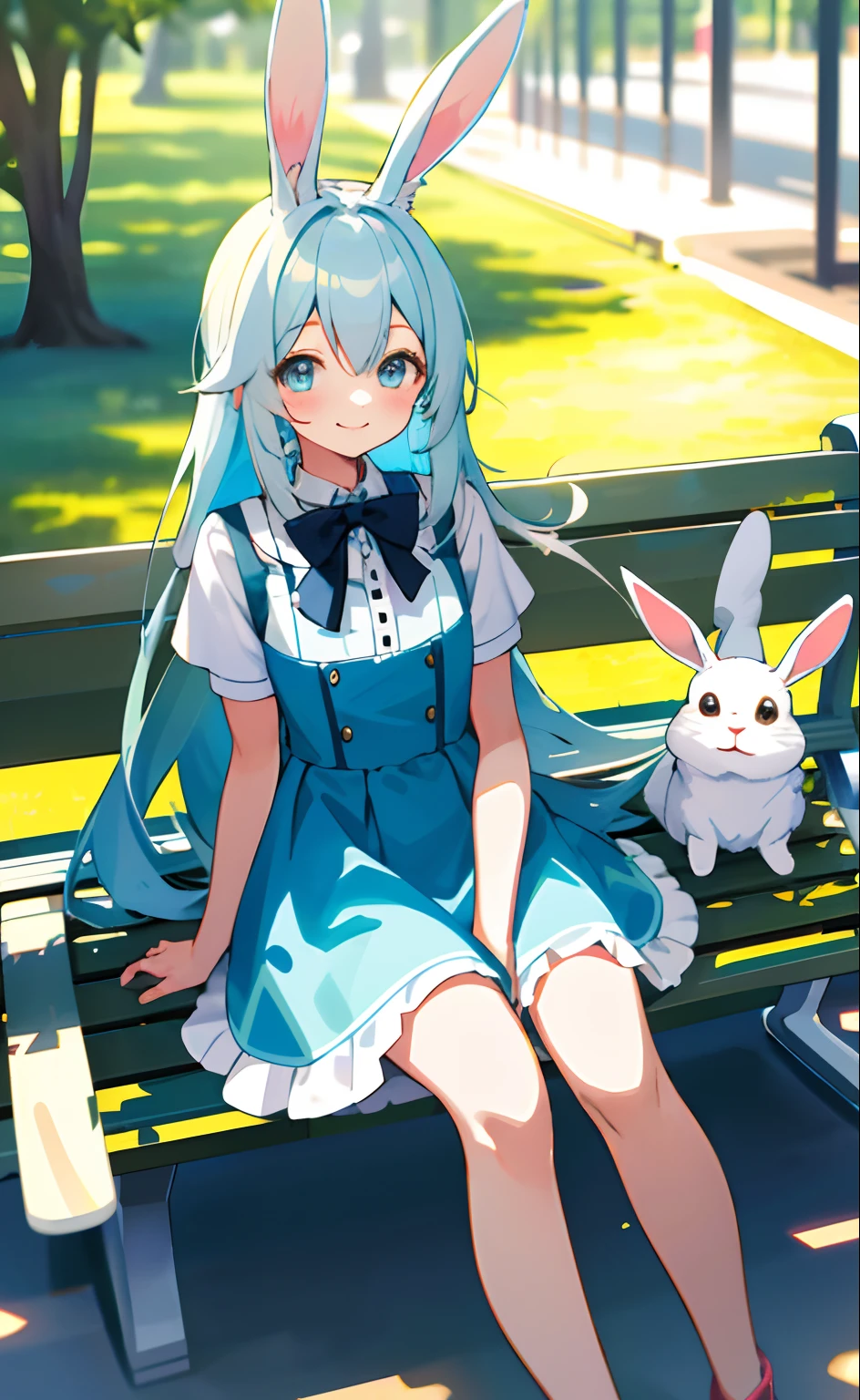 【Top image quality】One girl　Eared rabbit　bare-legged　Colorful dress above the knee　Sit on a park bench　Rabbit ears short sleeves　Light blue long hair　A charming smile