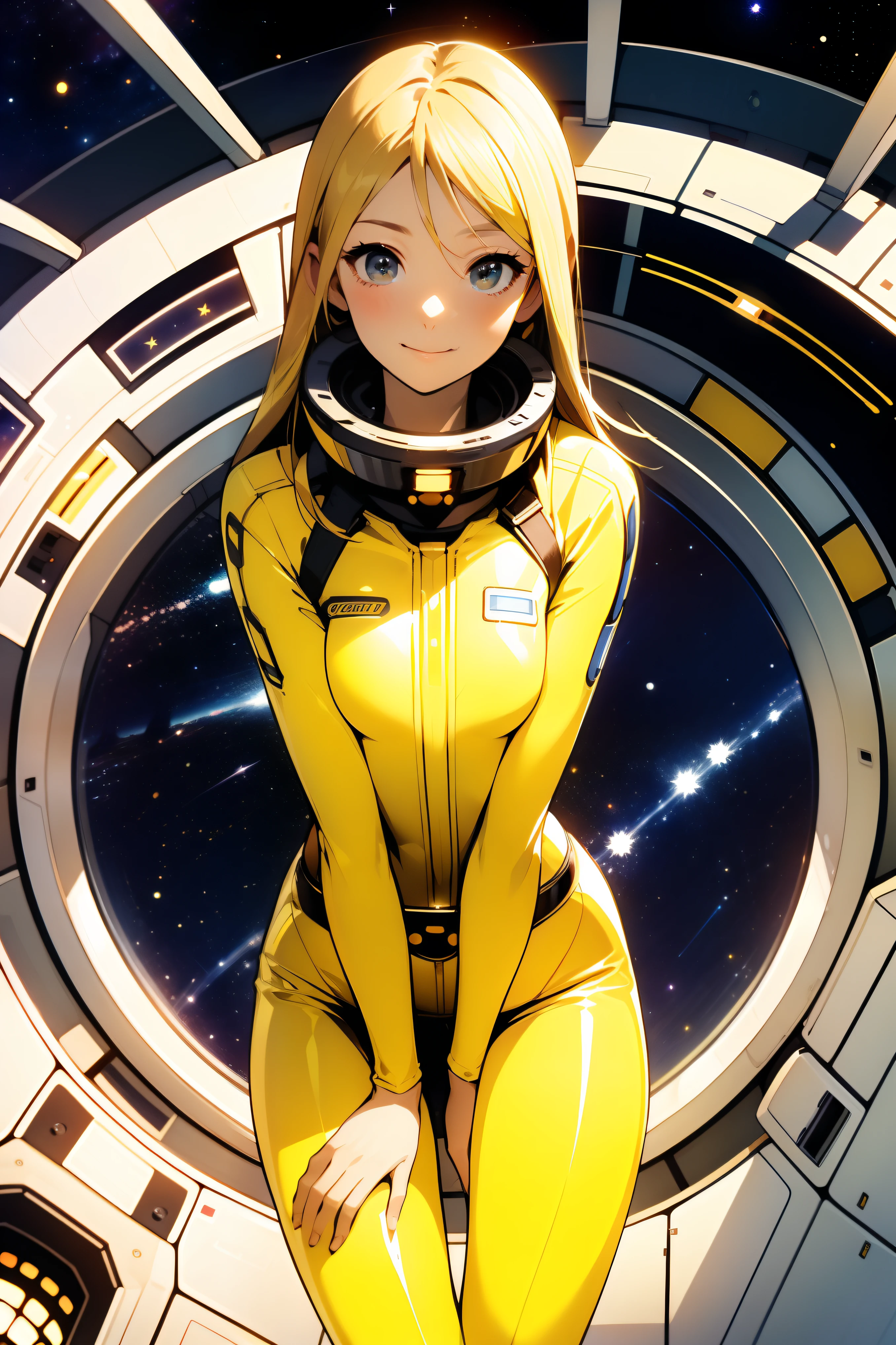 (masterpiece, best quality:1.2), solo, 1girl, mori yuki, slight smile, closed mouth, side view, looking at viewer, blonde hair, long hair, thigh gap, yellow bodysuit, skin-tight, perfect body, large window, (starship porthole:1.3), (spread legs:1.3), (standing:1.1), thigh gap, sensual pose, sideview, perfect hands, bright starship interior, (outer space view:1.1), (orbital view:1.3), (night, stary sky:1.5), milky way