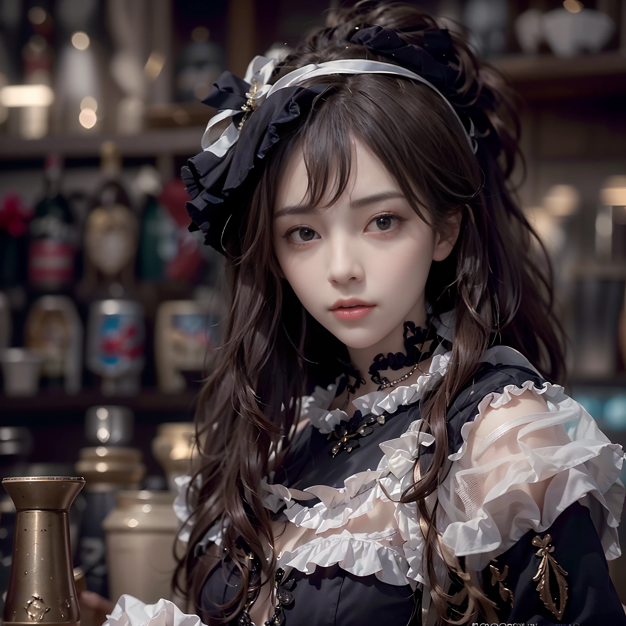 1girl in, Best Quality, ultra hi res, photoreaslistic, a photography of a beautiful woman, Teens in their 20s, Detailed face, Black blurred layer, (detailed porcelain doll,delicate clothes with a lot of frills and ribbons), a bar counter, (close up of face), Seductive look, Looking at Viewer