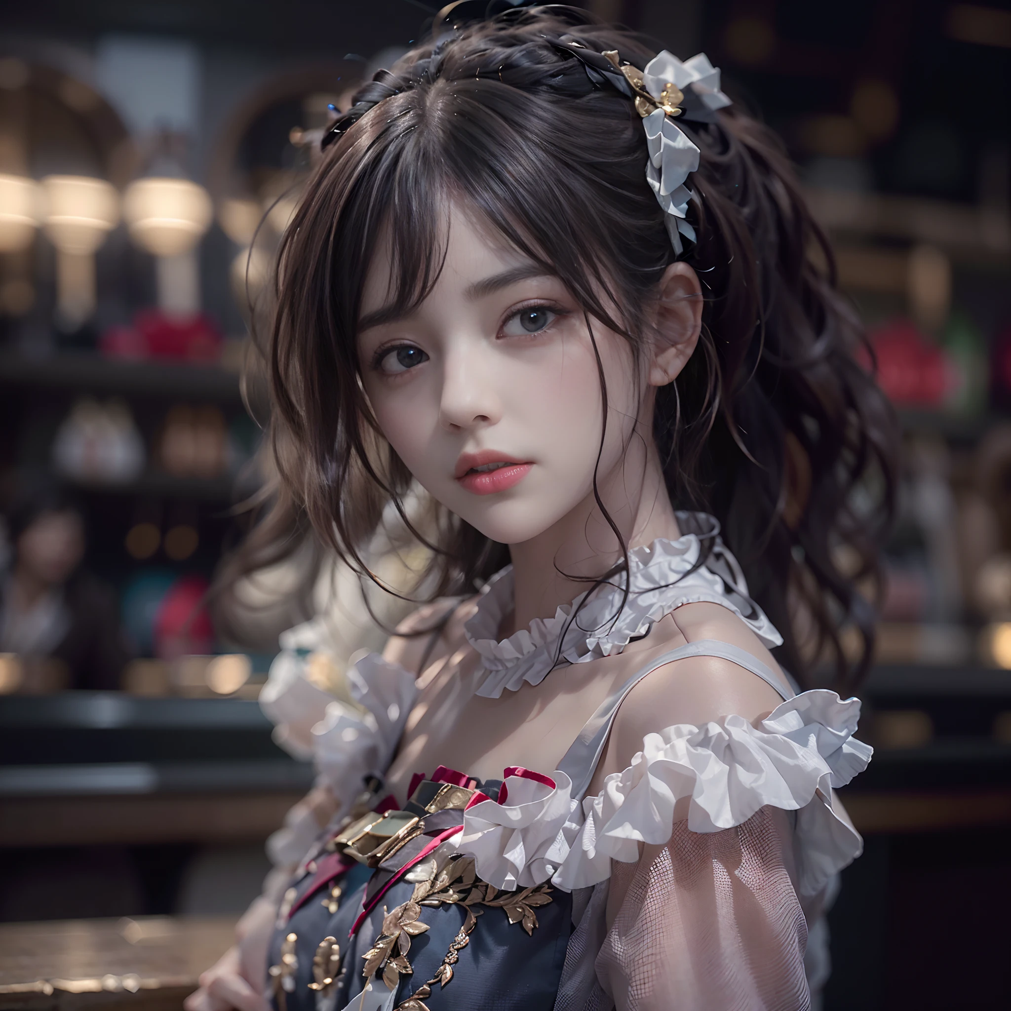 1girl in, Best Quality, ultra hi res, photoreaslistic, a photography of a beautiful woman, Teens in their 20s, Detailed face, Black blurred layer, (detailed porcelain doll,delicate clothes with a lot of frills and ribbons), a bar counter, (close up of face), Seductive look, Looking at Viewer