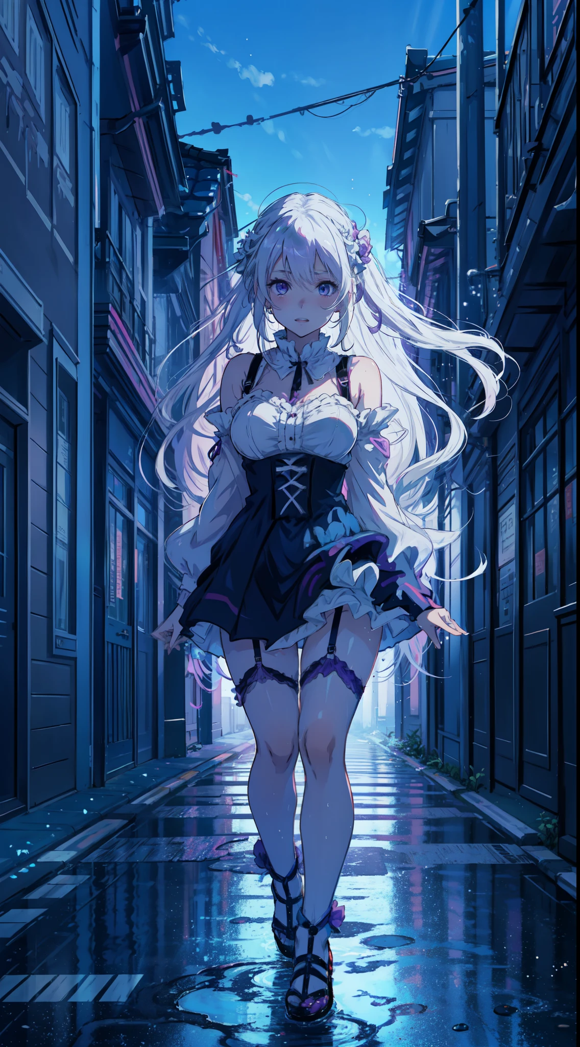 (ANIME ART STYLE), Emilia from re zero,long white hair purple eyes, blushing, wearing lingerie, walking on the night city street, wet street,vibrant colours, joyful expression, blushing, dynamic pose.
