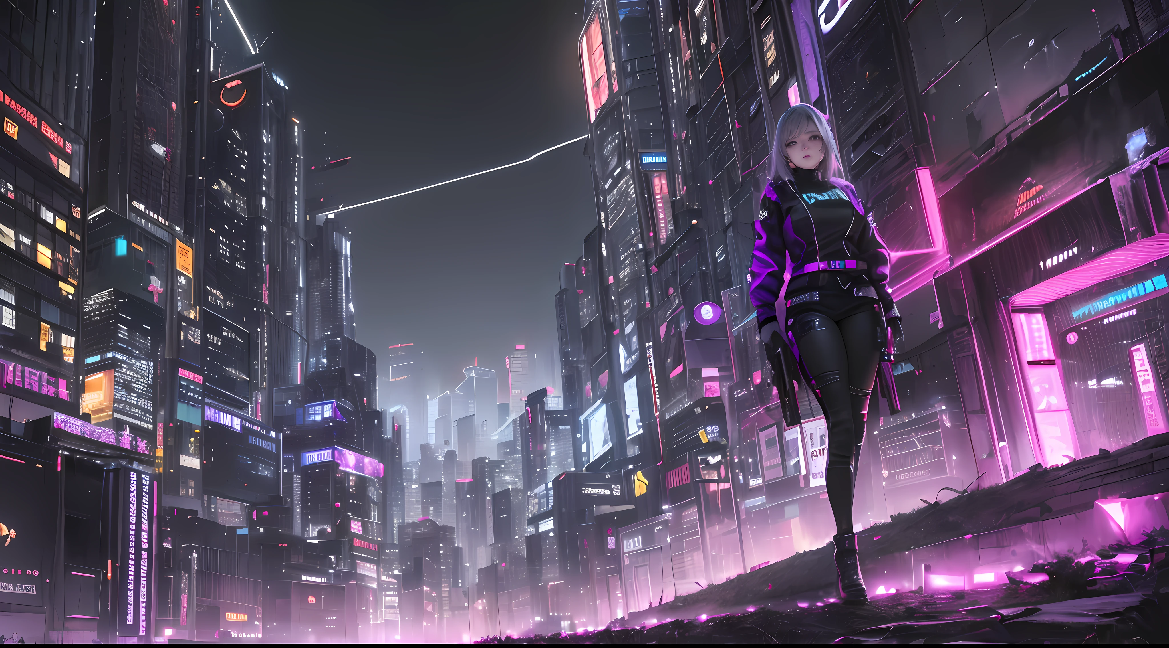 (((masterpiece))), (((best quality))), ((ultra-detailed)), (highly detailed CG illustration), ((an extremely delicate and beautiful)),A cyberpunk girl on a sky-flying motorbike, flying through the air., (long shot), Unreal engine, In space, looking at cyberpunk city, neon colors, cyberpunk space ships, ((grey hair)), (green eyes), dark night time, center composition, symmetrical composition, ((dark night:1.5)), dark neon, ((dark night:1.7)), extremely detailed, ((long shot)),((pitch black all around:1.7)), (dark puple:1.7),neon purple city