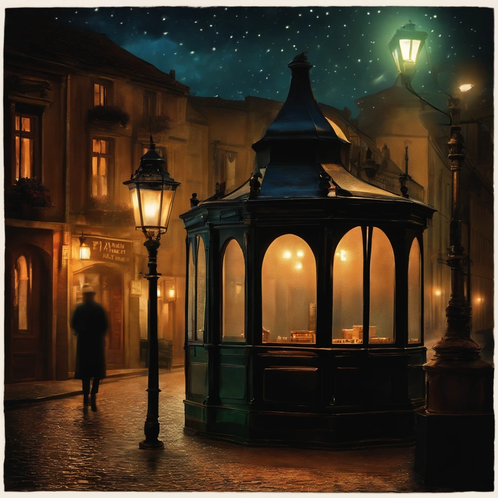the night, street, lantern, Pharmacy, light mist. in style of van gogh