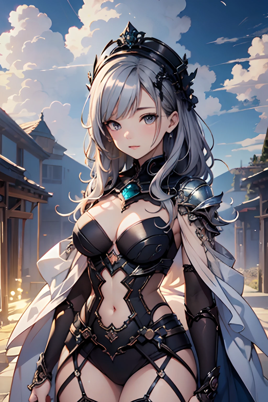 (Microfusion:1.4) Original、​masterpiece、top-quality、Official art、Full Body Angle、(Highly detailed CG Unity 8K wallpapers)、(Very fine and beautiful:1.2)、(Beautiful and clear backgrounds)、Beautiful portrait of obsidian goddess、((Silver)Filigree))、Ivory Accessories、with an intricate、Headshots、A highly detailed、Digital Painting、art  stations、Concept art、Sharp Focus、lighting like a movie、illustratio、plein air、cumulonimbus clouds、Large clouds、blue open sky、Green grass、