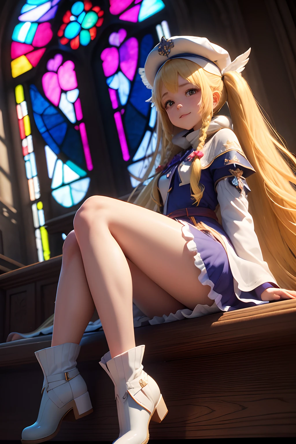 (1girl in),( absurdly , High quality , ultra-detailliert ),(Summer in the morning),(masutepiece),(Stained Glass Church),(long-haired blonde twin-tails),(Blue Cleric Robe),Cleric hat,(Cute 3D anime petite girl rendering),Super Detailed Beautiful Girl,Solemn pose,Laughing,watching at viewers,Wearing long boots,Has big angel wings,Halo,heart mark, Full body portrait, Perfect face and nice perfect face, Surreal concept, 8K resolution, photographic quality,long skirt,I have a magic wand