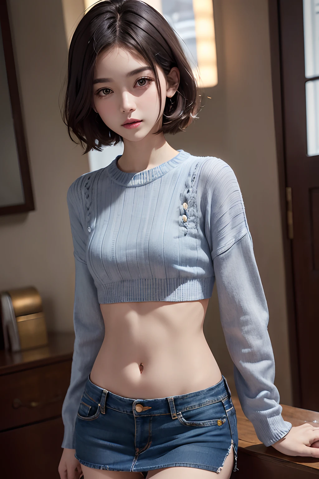 (masuter piece:1.3)、(8K、Photorealsitic、Raw photography、top-quality: 1.4)、(1girl in)、beautiful countenance、(Lifelike face)、(A dark-haired、short-hair:1.3)、Beautiful hairstyle、realisticeyes、Beautiful details、(real looking skin)、Beautiful skins、(Sweaters)、absurderes、enticing、超A high resolution、A hyper-realistic、high-detail、the golden ratio、((wide open abdomen))、((open abdomen))、((Mid-Riff Sweater))、((Ultra-low rise、Denim Shorts))、((Navel Ejection))、Full body depiction、(Ultra-low rise))、((Denim shorts miniskirt))、