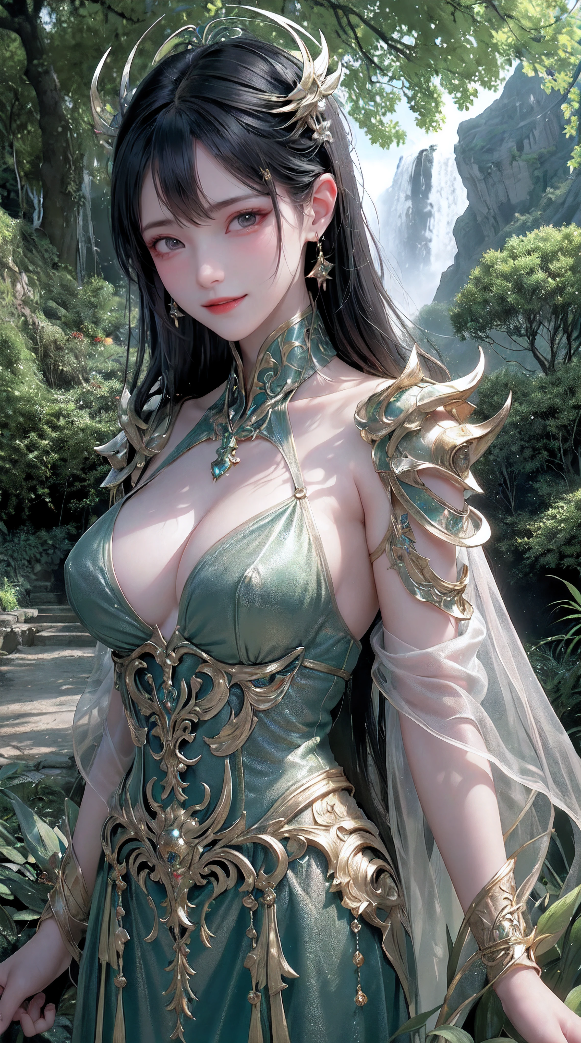 Masterpiece, best quality, 8K, high res, ultra-detailed, A scene of a waterfall cascading down a high cliff amongst lush greenery, adorned by vibrant flowers, towering pines, and delicate bamboo groves,no humans, sakura, beautiful view, ultra-detailed, fine detailed, highly detailed, intricate, highly detailed, ultra-detailed, scenery,no humans, lush green mountains, winding rivers, misty atmosphere, solitary, intricate details, delicate features, verdant trees, blooming flowers, druid's circle, soft moss, deep forest, intricate leaves and vines, wisps of light, still pool of water, pristine, verdant green, A picturesque scene of a waterfall cascading down a high cliff amongst lush greenery, adorned by vibrant flowers, towering pines, and delicate bamboo groves.a close up of a robot with a red eye and a sword, movie still of a villain cyborg, inspired by Raymond Swanland, wearing witchblade armor, movie still of a alien cyborg, style of raymond swanland, crysis nanosuit, intricate assasin mecha armor, face of an armored villian, movie still of a cool cyborg