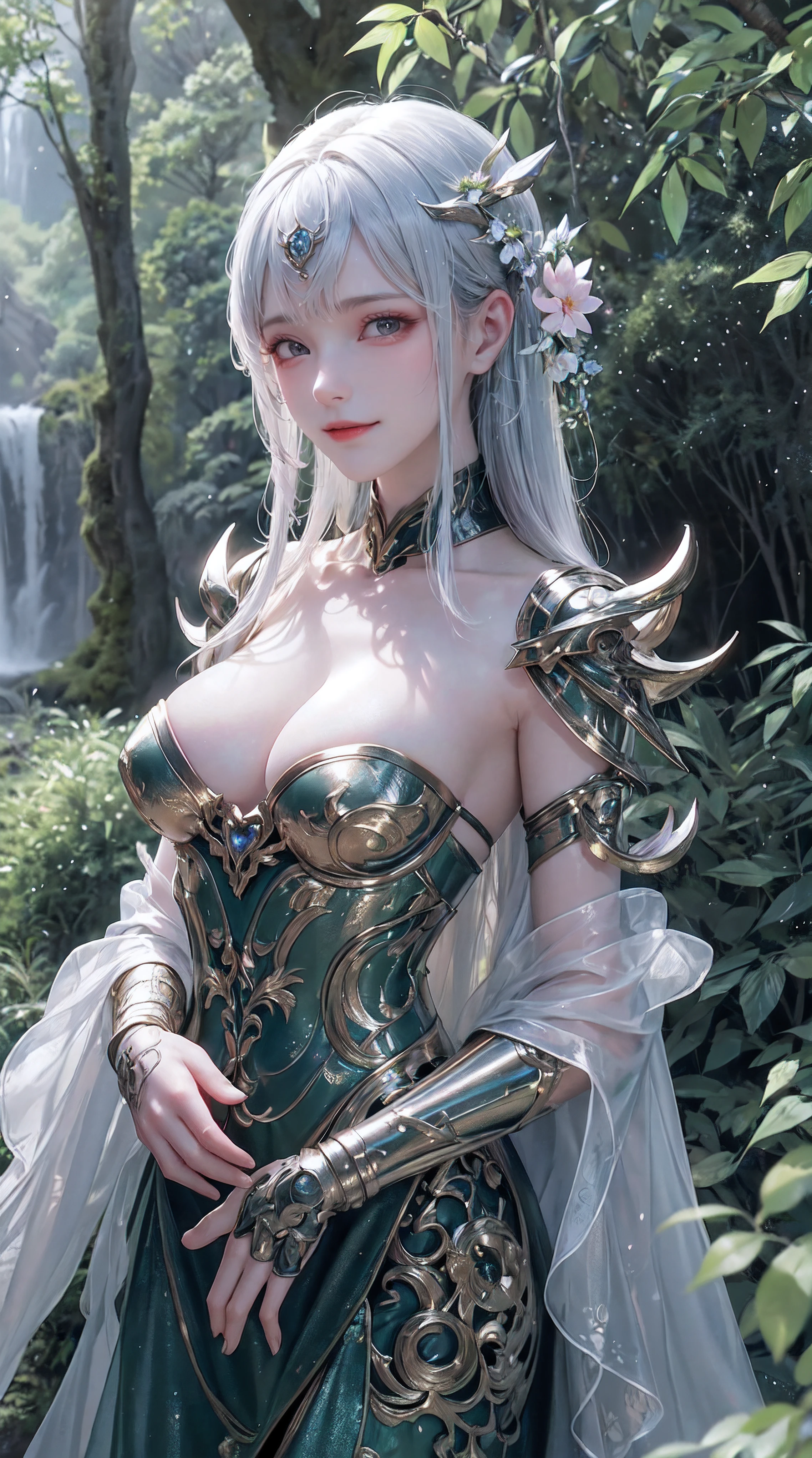 Masterpiece, best quality, 8K, high res, ultra-detailed, A scene of a waterfall cascading down a high cliff amongst lush greenery, adorned by vibrant flowers, towering pines, and delicate bamboo groves,no humans, sakura, beautiful view, ultra-detailed, fine detailed, highly detailed, intricate, highly detailed, ultra-detailed, scenery,no humans, lush green mountains, winding rivers, misty atmosphere, solitary, intricate details, delicate features, verdant trees, blooming flowers, druid's circle, soft moss, deep forest, intricate leaves and vines, wisps of light, still pool of water, pristine, verdant green, A picturesque scene of a waterfall cascading down a high cliff amongst lush greenery, adorned by vibrant flowers, towering pines, and delicate bamboo groves.a close up of a robot with a red eye and a sword, movie still of a villain cyborg, inspired by Raymond Swanland, wearing witchblade armor, movie still of a alien cyborg, style of raymond swanland, crysis nanosuit, intricate assasin mecha armor, face of an armored villian, movie still of a cool cyborg