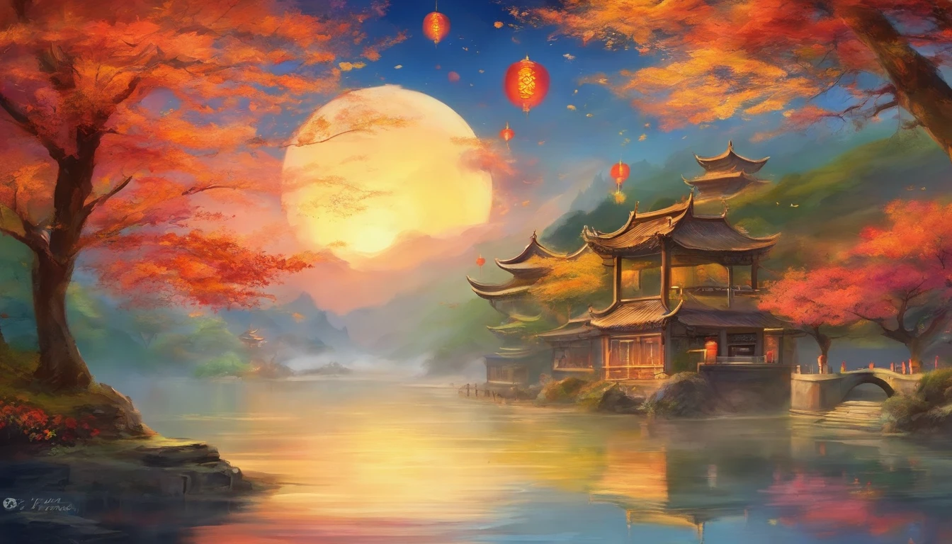 Create impressionist paintings with the Mid-Autumn Festival and National Day, (expecting) , sober, (Traditional Chinese background), UHD 8k, Extremely high quality,Excellent printing results.Highlight Chinese characteristics,The theme is a meeting in two festivals,Half Mid-Autumn,Half of the National Day,Hand-copied newspapers by children,Accompanied by the text of Mid-Autumn Festival and National Day