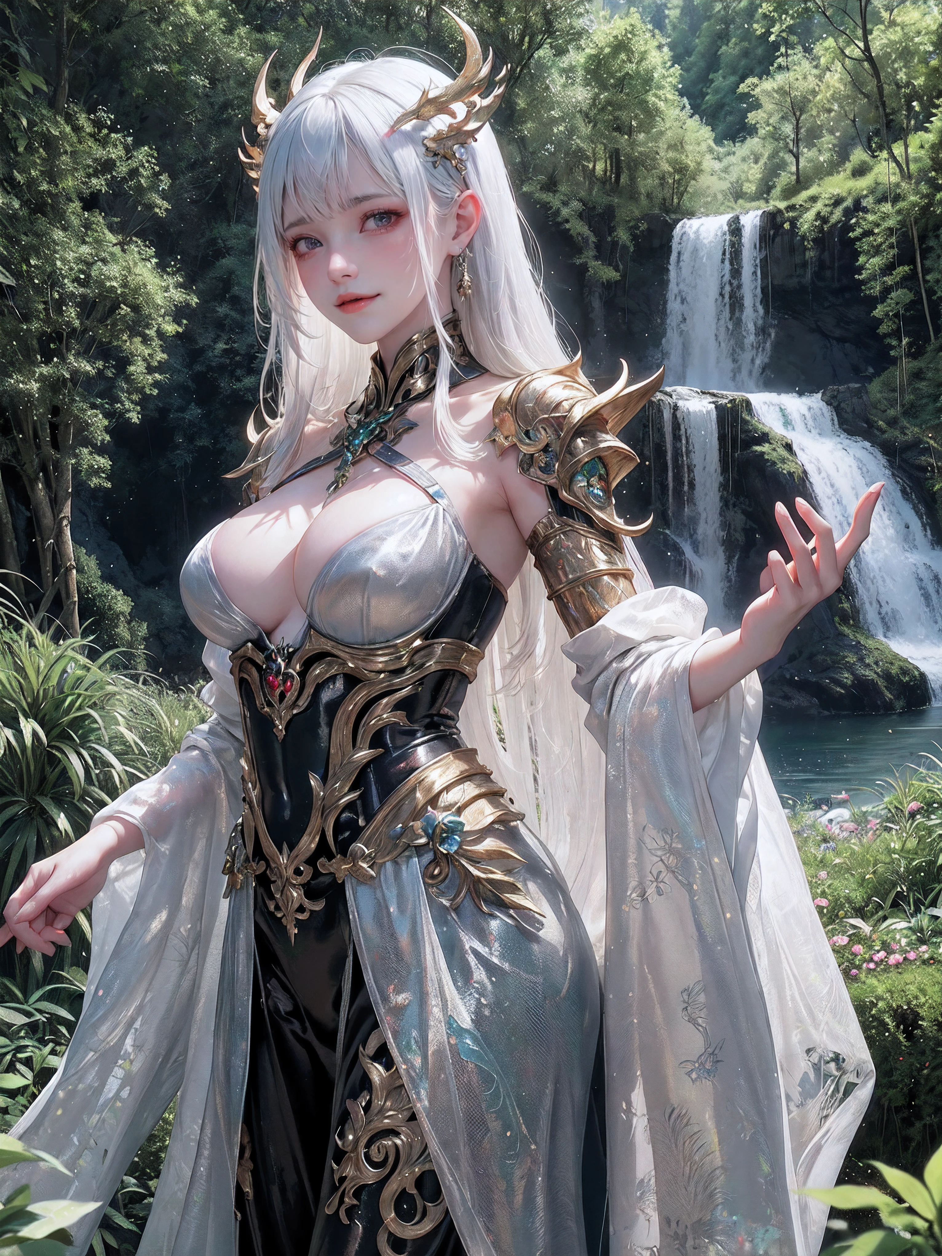 Masterpiece, best quality, 8K, high res, ultra-detailed, A scene of a waterfall cascading down a high cliff amongst lush greenery, adorned by vibrant flowers, towering pines, and delicate bamboo groves,no humans, sakura, beautiful view, ultra-detailed, fine detailed, highly detailed, intricate, highly detailed, ultra-detailed, scenery,no humans, lush green mountains, winding rivers, misty atmosphere, solitary, intricate details, delicate features, verdant trees, blooming flowers, druid's circle, soft moss, deep forest, intricate leaves and vines, wisps of light, still pool of water, pristine, verdant green, A picturesque scene of a waterfall cascading down a high cliff amongst lush greenery, adorned by vibrant flowers, towering pines, and delicate bamboo groves.a close up of a robot with a red eye and a sword, movie still of a villain cyborg, inspired by Raymond Swanland, wearing witchblade armor, movie still of a alien cyborg, style of raymond swanland, crysis nanosuit, intricate assasin mecha armor, face of an armored villian, movie still of a cool cyborg