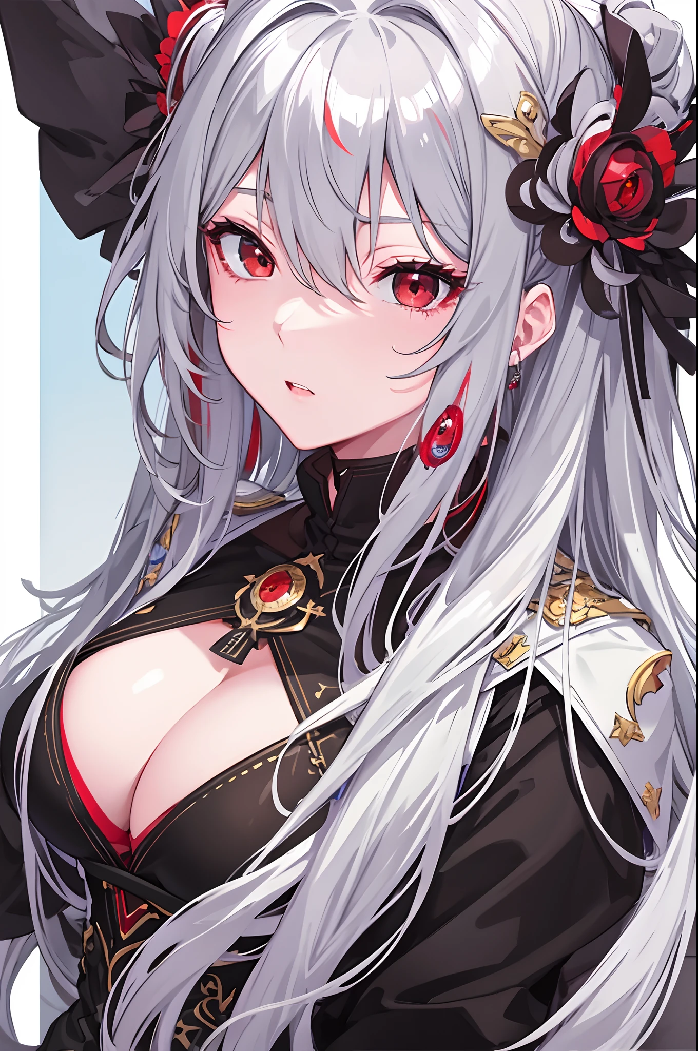 masterpiece,(bestquality),highlydetailed,ultra-detailed, cold , solo , 1girl , bishoujo , stare , (red eyes:1.5) , (beautiful detailed eyes:1.2) , (long hair:1.2) , (white hair:0.8) , (silver hair:0.5) , (Wing-like bangs:0.5) , (Dull hair:0.5) , (ahoge:0.5) , (Hair rings:0.5) , (braid:0.5)