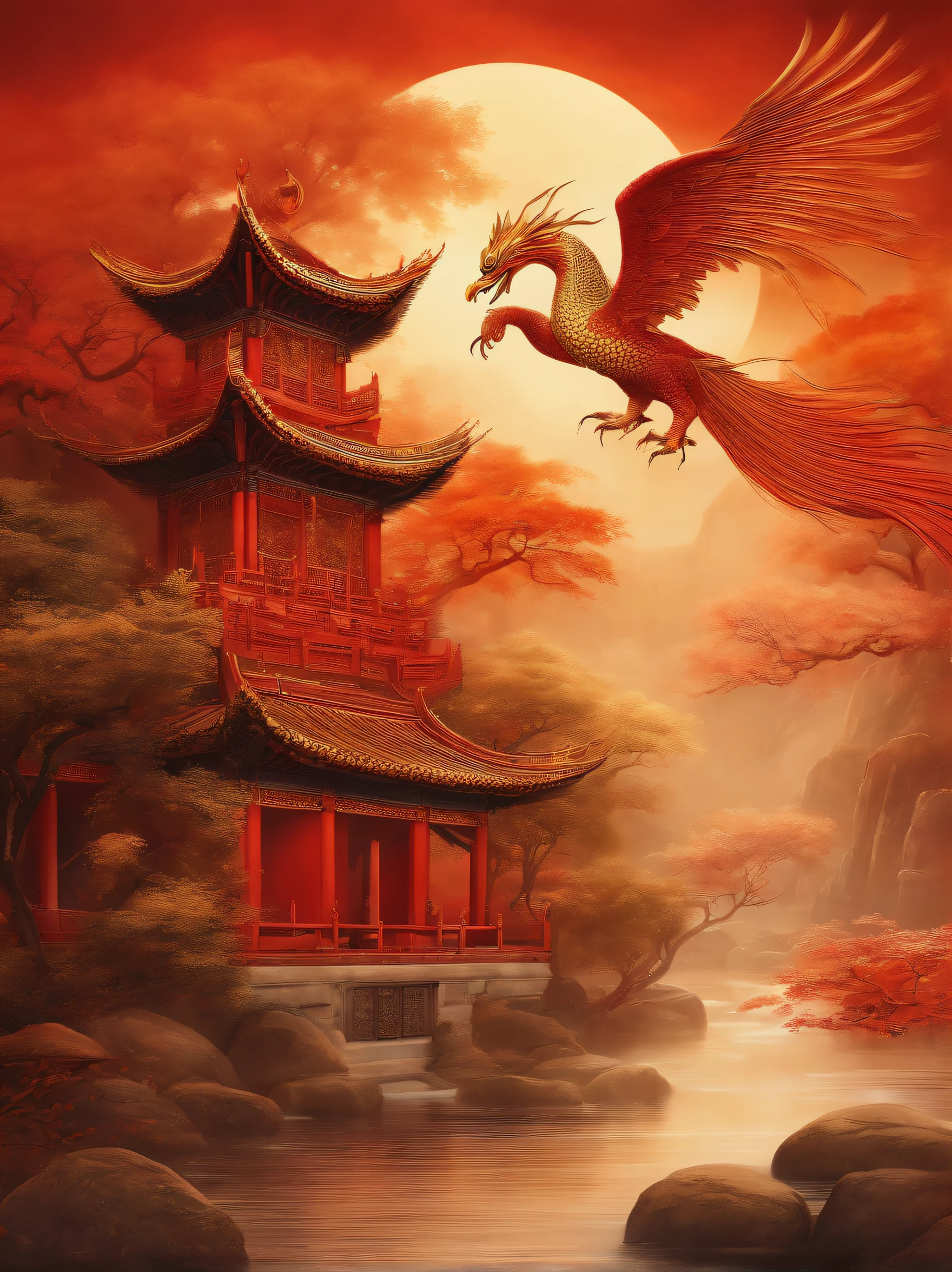 fenghuang,Flying Phoenix,chinesedragon,Dutch Golden Age painting, Fuji colors, Sparkle, Blurry, fading border, round corners, partial underwater shot, Masterpiece, Award-Awarded, A high resolution, 1080p, 8K,in a red dream world, A beautiful artwork illustration, There is a red poster,There are pictures of pagodas and flowers on it,fenghuang,Flying Phoenix,chinesedragon,Dutch Golden Age painting, Fuji colors, Sparkle, Blurry, fading border, round corners, partial underwater shot, Masterpiece, Award-Awarded, A high resolution, 1080p, 8K,in a red dream world, A beautiful artwork illustration, There is a red poster,There are pictures of pagodas and flowers on it