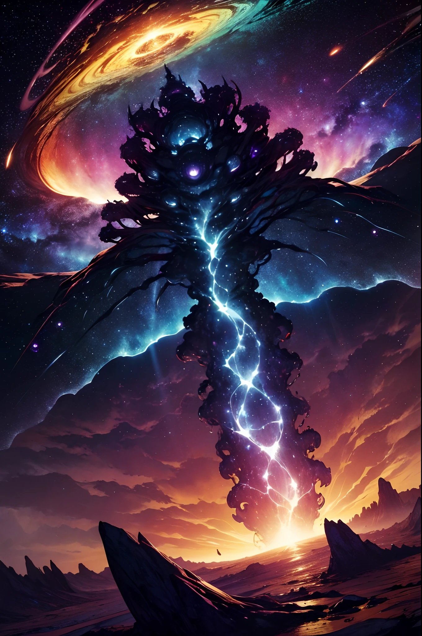 "cosmic entity": um ser com quatro olhos brilhantes, multiple arms, A breathtaking view from space reveals a twisted galaxy full of strange life forms and entities. Planet with night sky, fenda, leviathan, 8k, lindo, dramatic scene