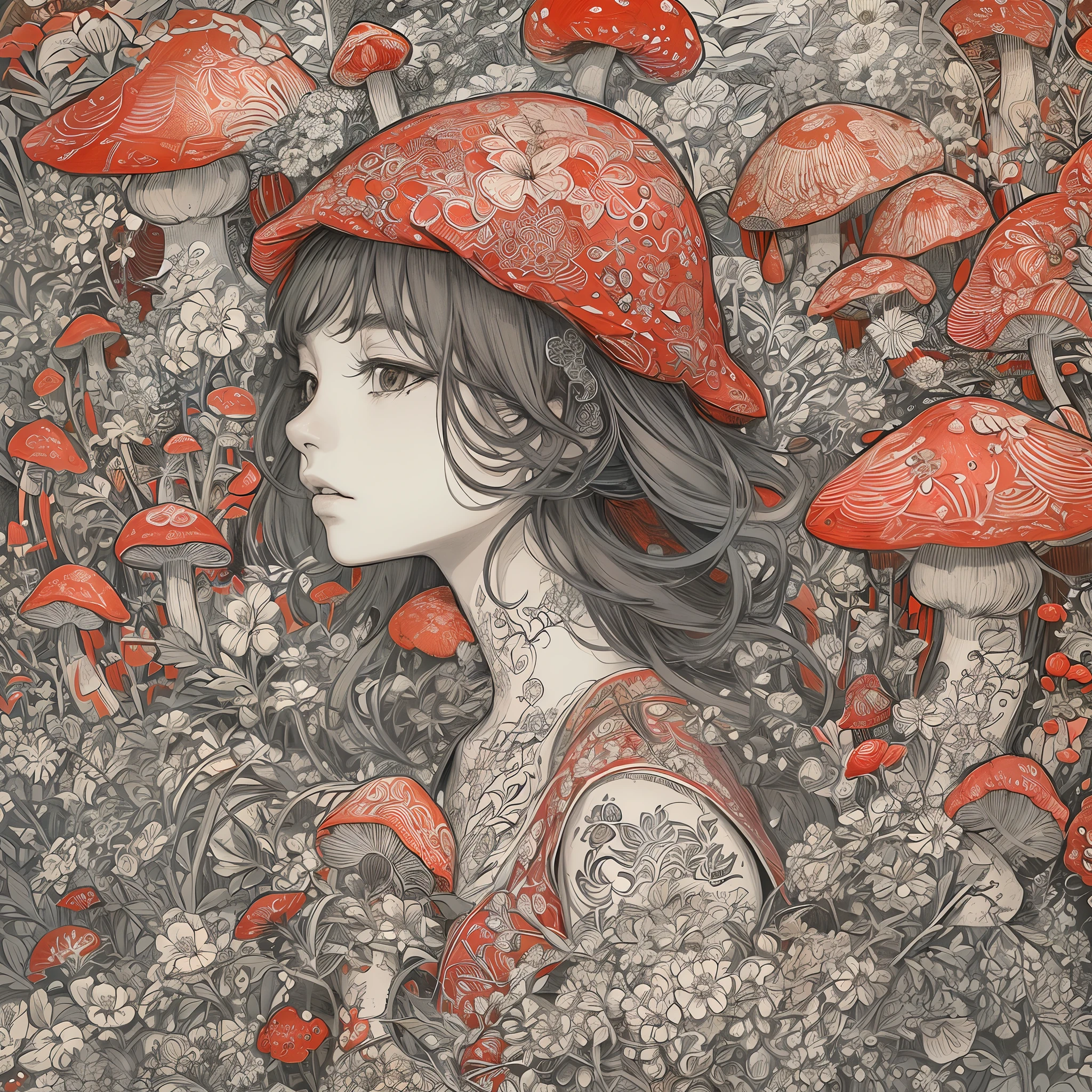 (masterpiece, top quality, best quality, official art, beautiful and aesthetic: 1.2), (1girl: 1.3), very detailed, (fractal art: 1.1), (color: 1.1) (flowers: 1.3), (by Yuko Higuchi:1.4), Higuchi Yuko,(by Yoh:1.2),(lineart),line drawing,pen drawing,zentangle,(tattoo pattern:1.2),(Intricate lines),(masterpiece),(best quality:1.1), (ultra-detailed),best illustration,finely detail,hand drawn high quality,High contrast,(clean lines:1.3),ligne claire,(Portrait),(extremely close-up:1.1),1 girl,solo,A girl is surrounded by red mushrooms,(Intricate details:1.3),(detailed background:1.2),(colored background:1.1),sketch,Intricate details,High Resolution