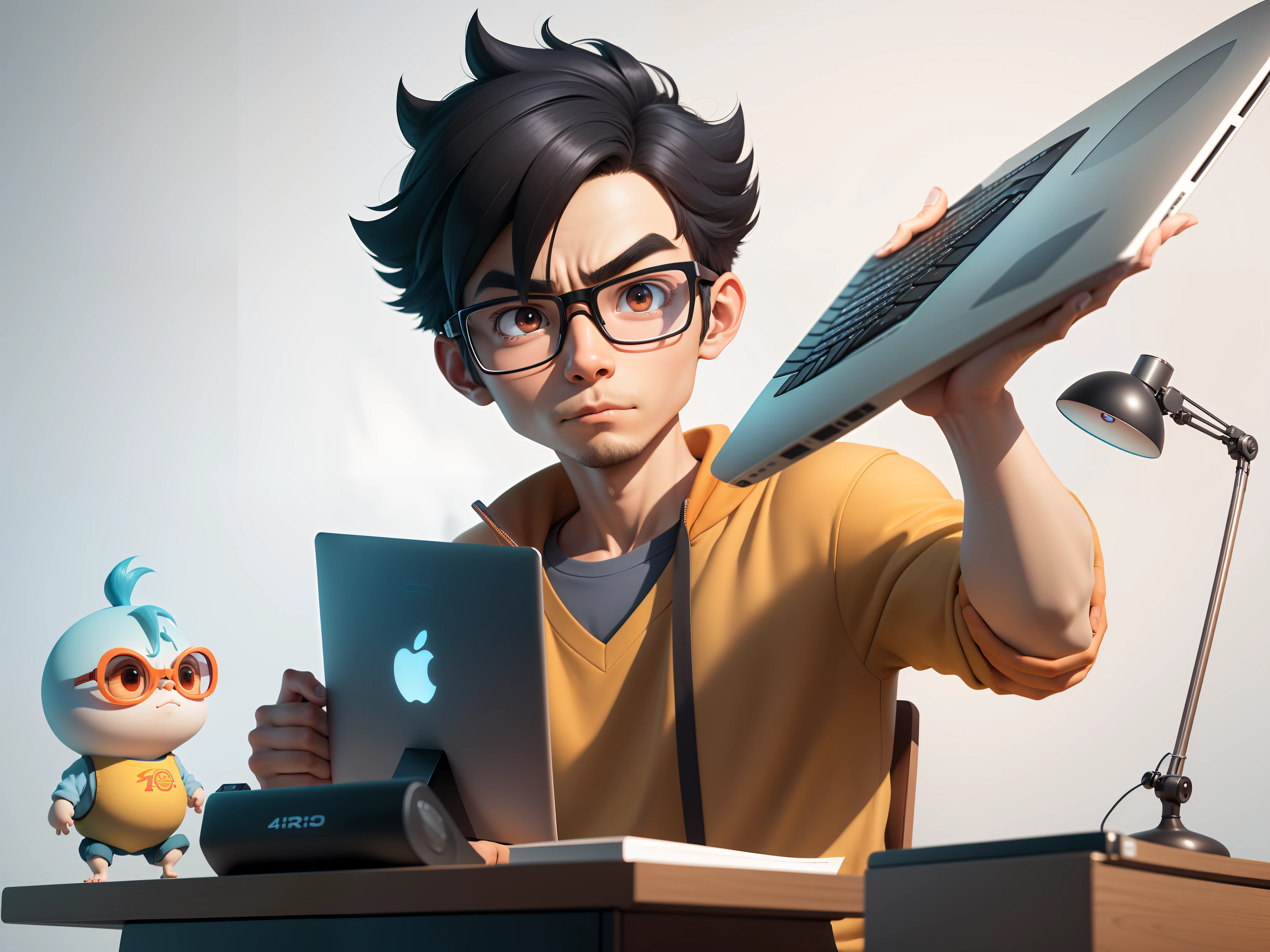 A young man with glasses sits at his desk,holding laptop,digitial painting,3D character design by Mark Clairen and Pixar and Hayao Miyazaki and Akira Toriyama,4K HD illustration,Very detailed facial features and cartoon-style visuals。