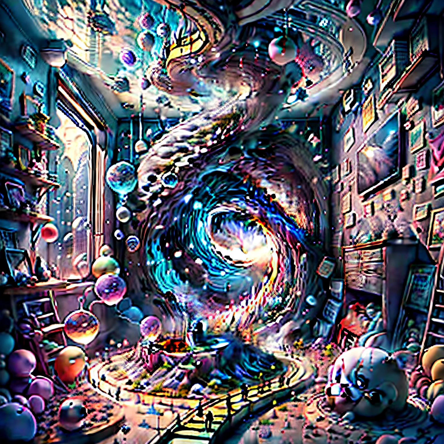 A very detailed and very high quality children's room,The walls overlook parallel universes, Full of bright colors and animated toys. hyper HD, 8K, rendering by octane, Near-perfect scene, hyperdétaillée