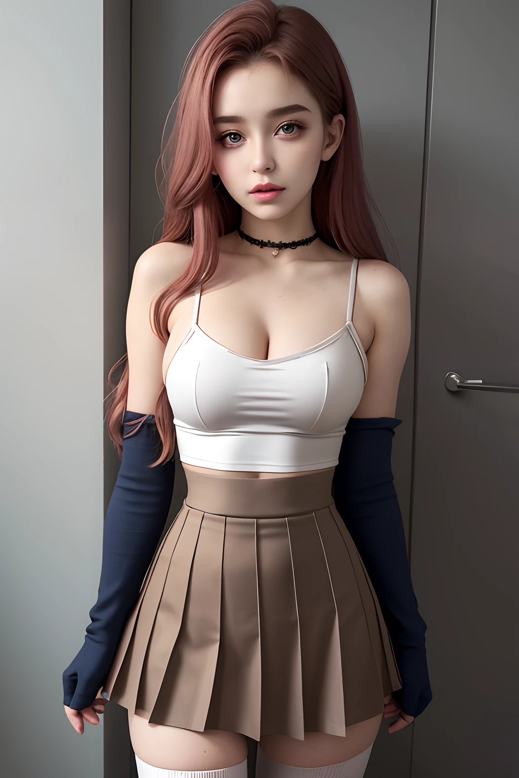 a beautiful yo irlandia woman, spaghetti strap top, high waist skirt, thighhighs