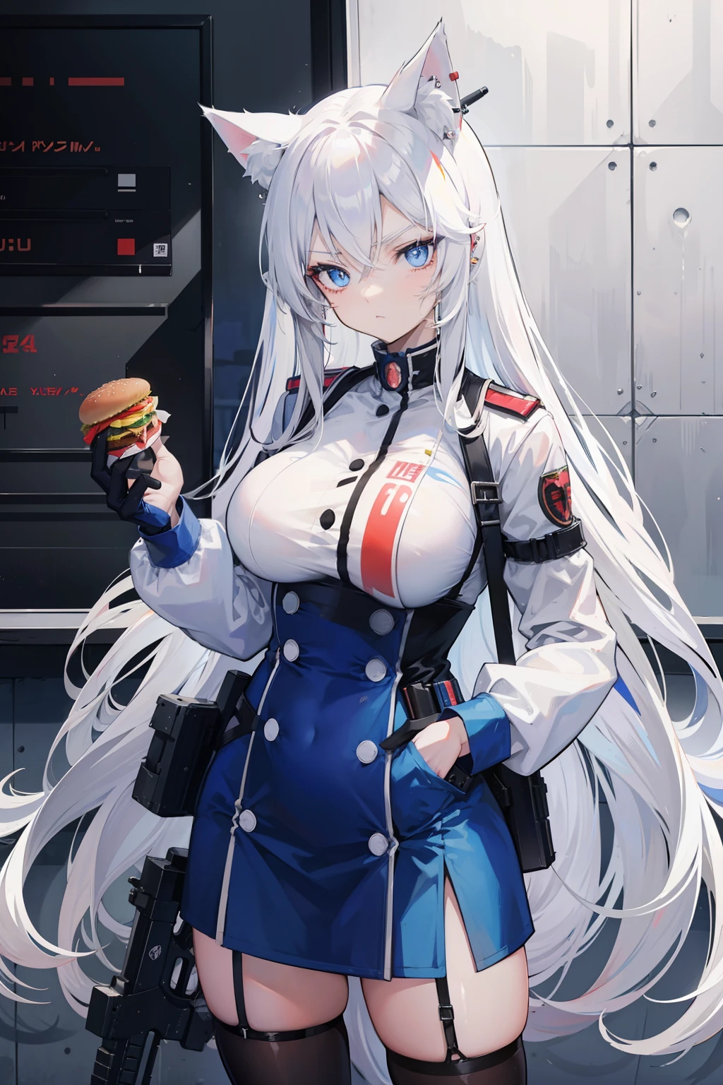 Anime girl, long white hair, cat ears beautiful piercing blue eyes, fierce expression, mature, in anime military gear at mcdonalds eating a burger with a huge rifle and guns in the background leaning against the wall, pistols attached to the body 8k, high resolution