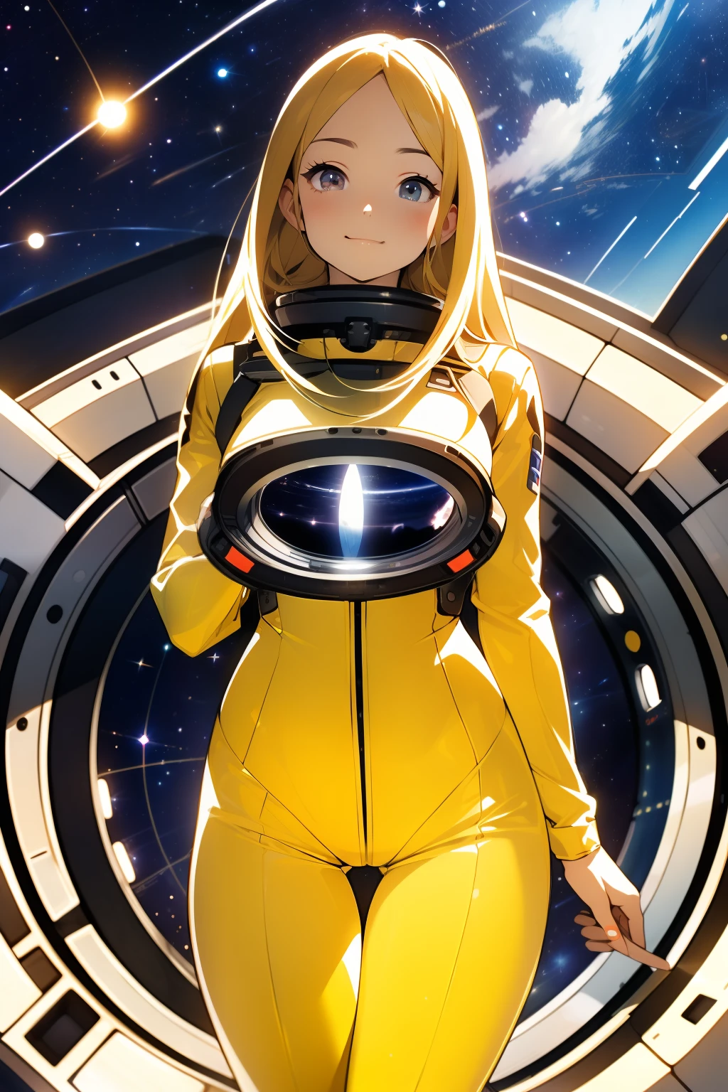 (masterpiece, best quality:1.2), (cowboy shot:1.1), solo, 1girl, mori yuki, slight smile, closed mouth, looking at viewer, blonde hair, thigh gap, yellow bodysuit, skin-tight, perfect body, belt, large window, (starship porthole:1.3), from front, (spread legs:1.3), (standing:1.1), thigh gap, perfect hands, bright starship interior, (outer space view:1.1), (orbital view:1.3), (night, stary sky:1.5), milky way