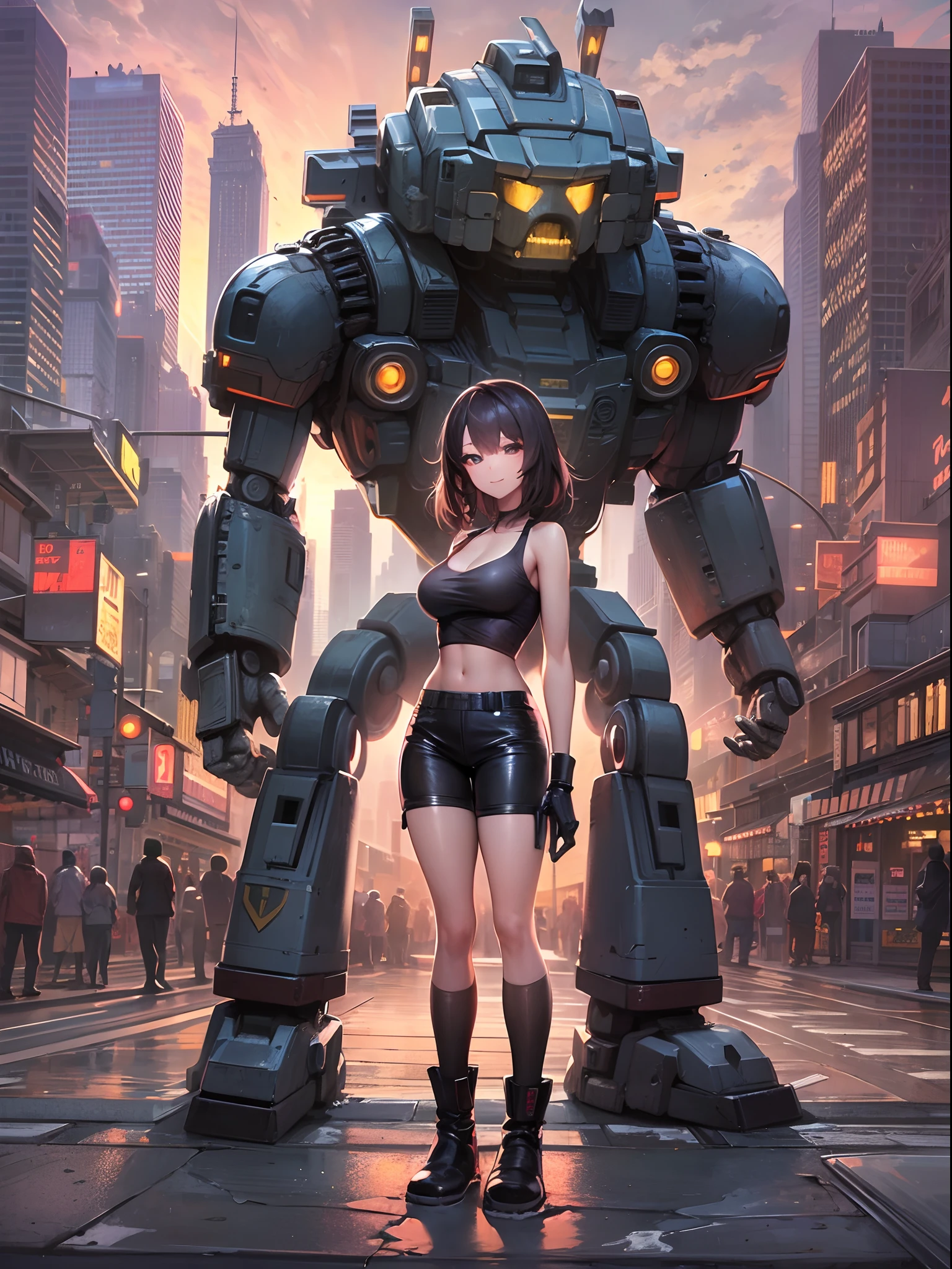 １adult lady,(huge bust),((Super giant robot)),Shiny smile,Tank Tops,Black leather pants,full body Esbian,Beautiful city at dawn,