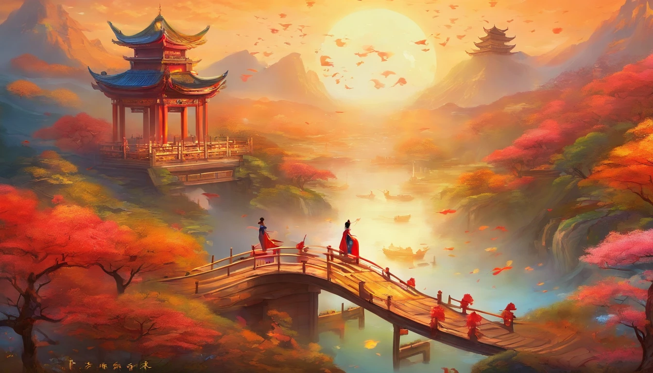 Create impressionist paintings with the Mid-Autumn Festival and National Day, (expecting) , sober, (Traditional Chinese background), UHD 8k, Extremely high quality,Excellent printing results.Highlight Chinese characteristics,The theme is a meeting in two festivals,Half Mid-Autumn,Half of the National Day,Hand-copied newspapers by children,Accompanied by the text of Mid-Autumn Festival and National Day,There is a mid-autumn moon and a military parade on National Day