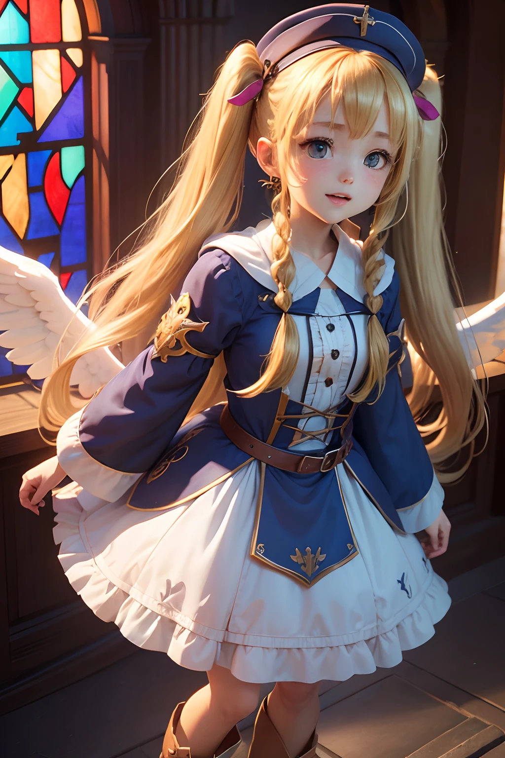 (1girl in),( absurdly , High quality , ultra-detailliert ),(Summer in the morning),(masutepiece),(Stained Glass Church),(Long-haired blonde twintails),（Blue Cleric Robe）,Cleric Hat,(Cute 3D anime petite girl rendering),Super Detailed Beautiful Girl,bowing,Laughing,watching at viewers,Wearing long boots,Has big angel wings,Halo,heart mark, Full body portrait, Perfect face and nice perfect face, Surreal concept, 8K resolution, photographic quality,long  skirt,I hold a magic wand in both hands