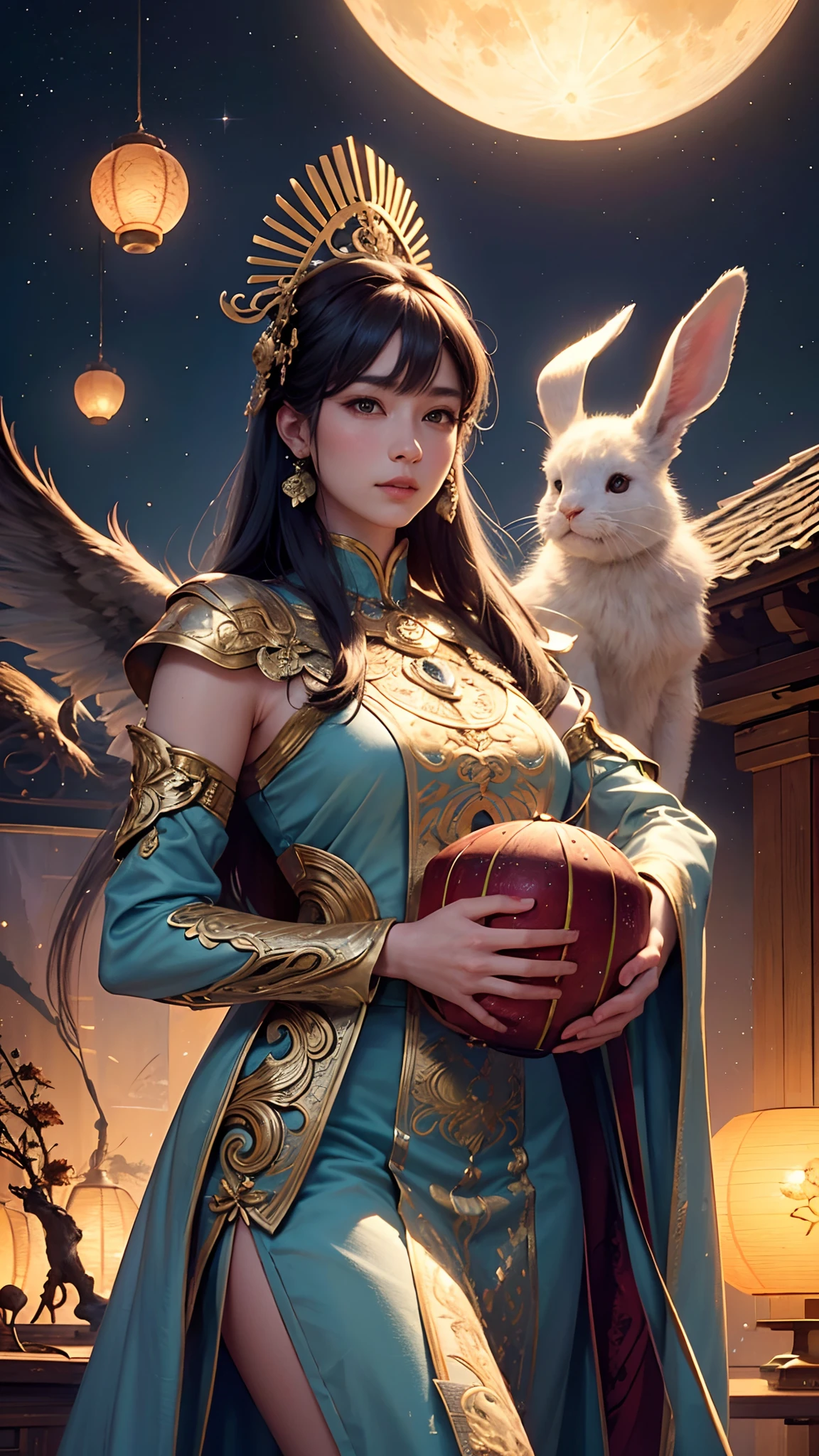 (best quality,4k,8k,highres,masterpiece:1.2),ultra-detailed,(realistic,photorealistic,photo-realistic:1.37),medium:oil painting, Chang'e flying in the mid-autumn night, carrying a basket of flowers, accompanied by a cute rabbit holding a big moon cake. Delicate facial features and long flowing hair, with a graceful and elegant posture. The scene is set in a magical moonlit sky, filled with a multitude of beautifully lit lanterns. The colors are vibrant, with a warm and enchanting color palette. The lighting is soft and gentle, casting a dreamy glow over the entire scene. The details are rendered with extreme precision and clarity, capturing the intricacies of the characters and the surrounding environment. The overall effect is a stunning masterpiece, blending mythology, tradition, and fantasy in a harmonious and captivating way.