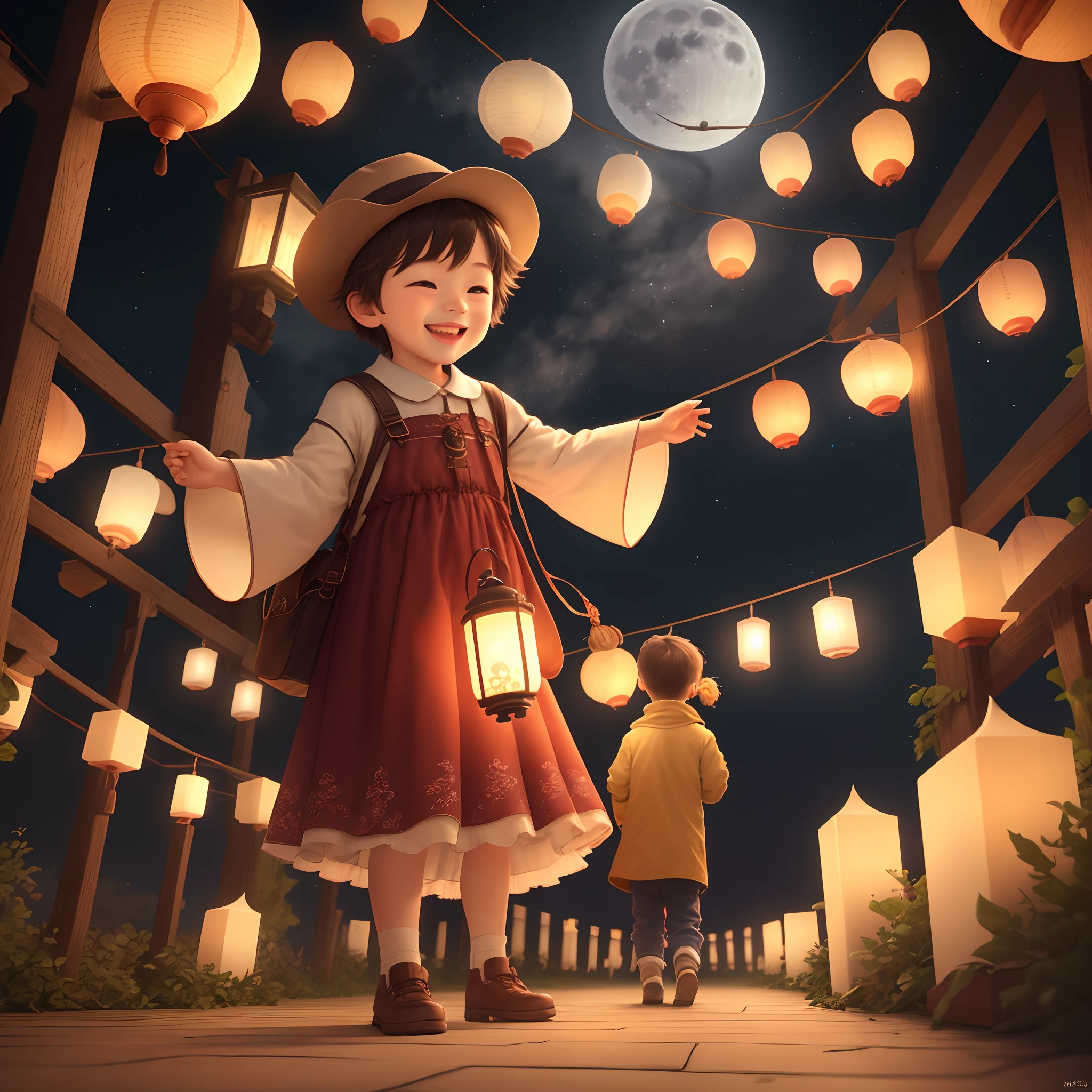 There were many lanterns in the sky. It was a beautiful night, a full moon night, there were many colored candles on the floor, and a little boy was happy.Digital artwork,high details,8k,highest resolution