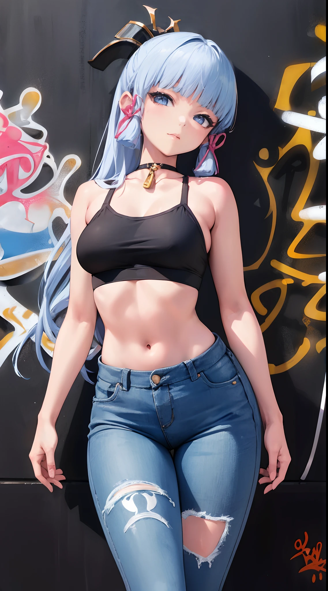 kamisato ayaka|genshin impact, master-piece, bestquality, 1girls,30 years old, proportional body, Big legs, Beautiful, proportional., crop top, Long Jeans, mediuml breasts, ,bara, crop top, choker, (Graffiti:1.5), Splash with purple lightning pattern., arm behind back, against wall, View viewers from the front., Thigh strap, Head tilt, bored,(NSTDA.:1.2), (10, beste-Qualit, master-piece: 1.4), Beautiful red hair, ultra-high resolution, (lifelike, photorealistic portrait: 1.48), (Looking Through Crop Tops.), Famous Japanese actors, beautiful clear eyes, Head tilt, cowboy shot, from the front, looking at the audience, expressionless, Beautiful lake, Zeiss 150mm F/ 2.8 Hasselblad,  Whole body, foot, Ultra-Wide Angle,