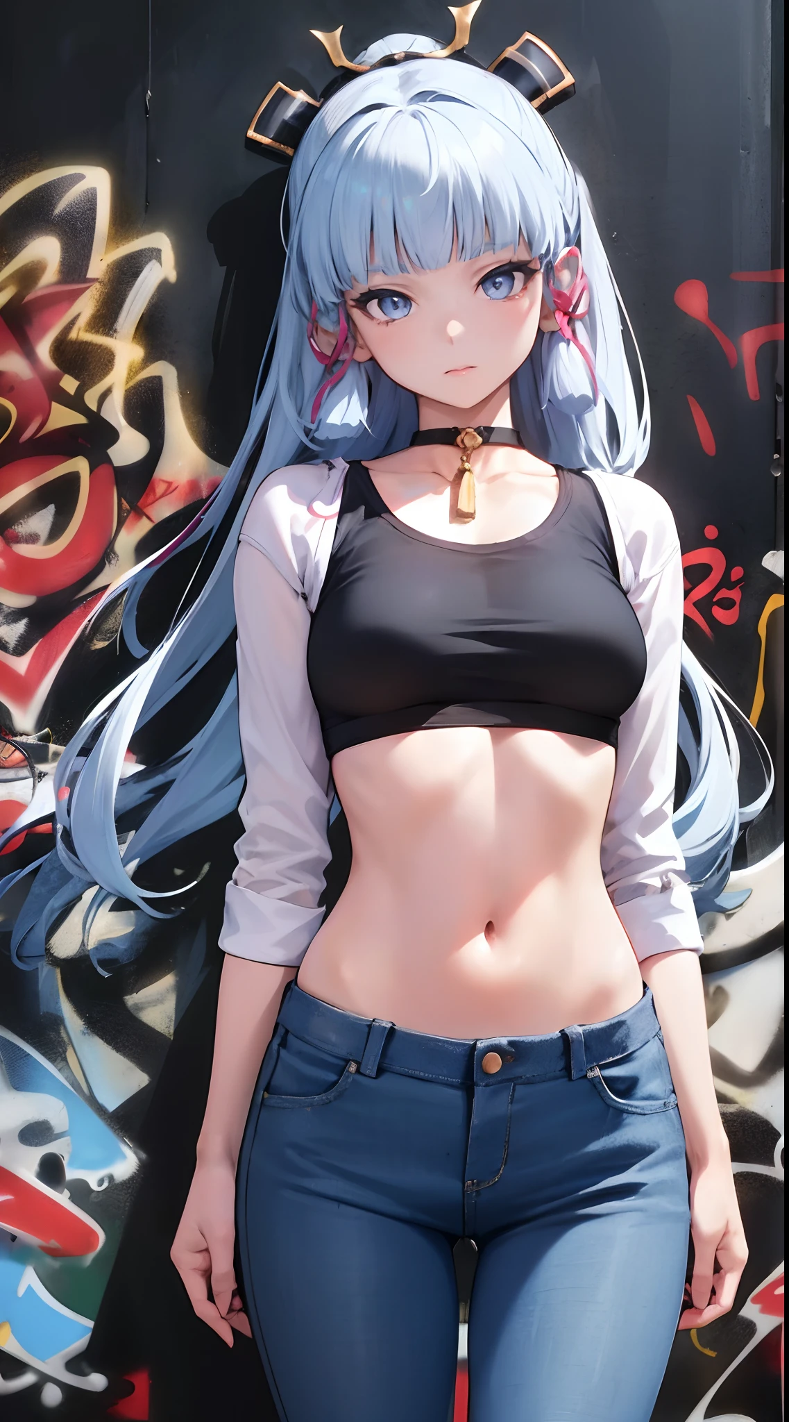 kamisato ayaka|genshin impact, master-piece, bestquality, 1girls,30 years old, proportional body, Big legs, Beautiful, proportional., crop top, Long Jeans, mediuml breasts, ,bara, crop top, choker, (Graffiti:1.5), Splash with purple lightning pattern., arm behind back, against wall, View viewers from the front., Thigh strap, Head tilt, bored,(NSTDA.:1.2), (10, beste-Qualit, master-piece: 1.4), Beautiful red hair, ultra-high resolution, (lifelike, photorealistic portrait: 1.48), (Looking Through Crop Tops.), Famous Japanese actors, beautiful clear eyes, Head tilt, cowboy shot, from the front, looking at the audience, expressionless, Beautiful lake, Zeiss 150mm F/ 2.8 Hasselblad,  Whole body, foot, Ultra-Wide Angle,