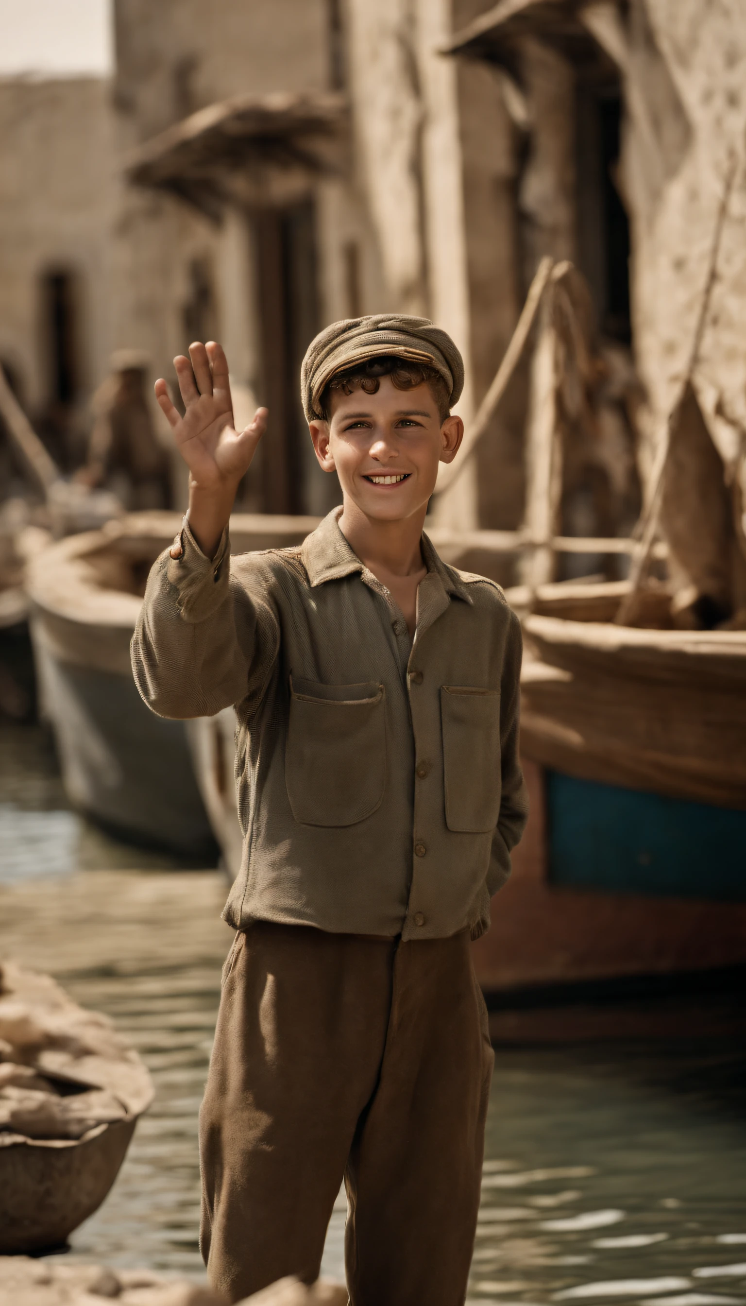 poor 16-year-old white boy standing holding small mox peanuts and waving with his hands in the boat port of Algeria waving with his hand, Clouths sales ,1948,corps entier, real photography, French architecture, Provia, Security Officer, Vignette, petit nombre de personnes, real, Grand cadre