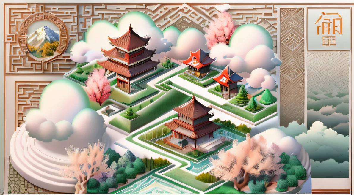 (Isometric animation,cold shades,white backgrounid,Caustics,sharp-focus:1.5),China-style,mountain peaks,small stream,villages,farm land,White peach blossoms,white clouds,peacock, Graphic illustration style,Sewing paper style,Auspicious clouds,The is very detailed,cold shades、