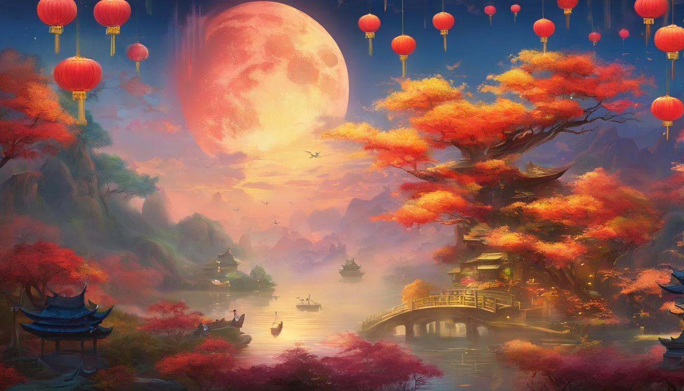 Create impressionist paintings with the Mid-Autumn Festival and National Day, (expecting) , sober, , UHD 8k, Extremely high quality,Excellent printing results.Highlight Chinese characteristics,The theme is a meeting in two festivals,Half Mid-Autumn,Half of the National Day,Hand-copied newspapers by children,Accompanied by the text of Mid-Autumn Festival and National Day,There is a mid-autumn moon and a military parade on National Day