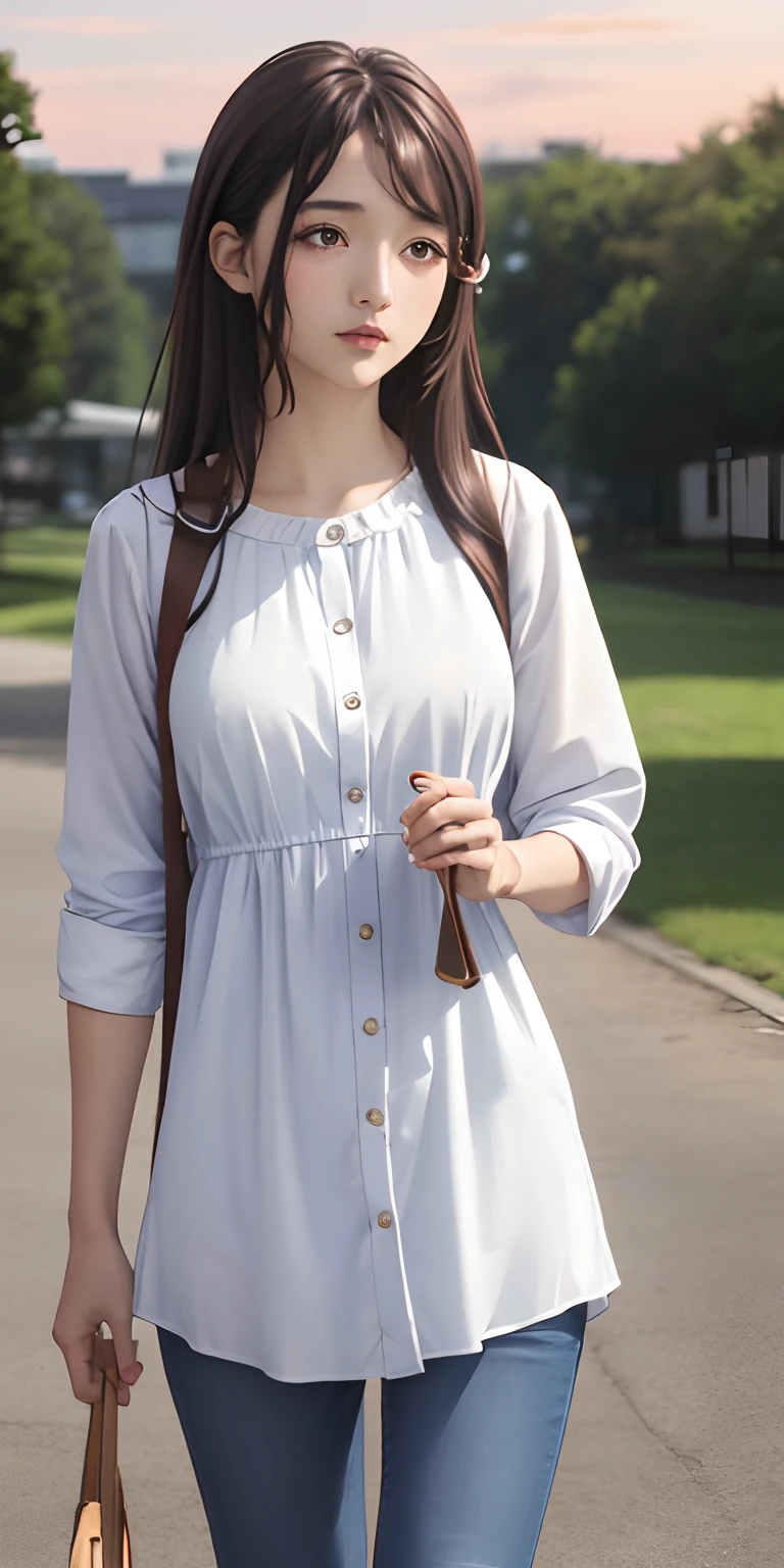 Kaori brown long, brown hair, beautiful face, sunset background, casual dress, jeans,extremely detailed wallpaper, perfect lighting, sunlight,(8k, RAW photo, best quality, masterpiece: 1.2), (realistic, realistic: 1.37), ultra-high resolution