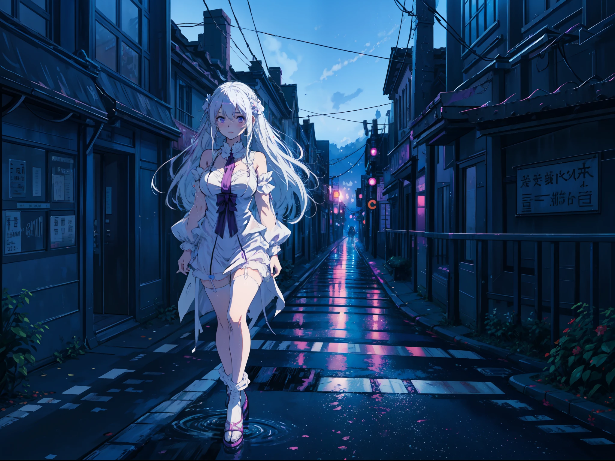 (ANIME ART STYLE), Emilia from re zero,long white hair purple eyes, blushing, wearing lingerie, walking on the night city street, wet street,vibrant colours, joyful expression, blushing, dynamic pose.