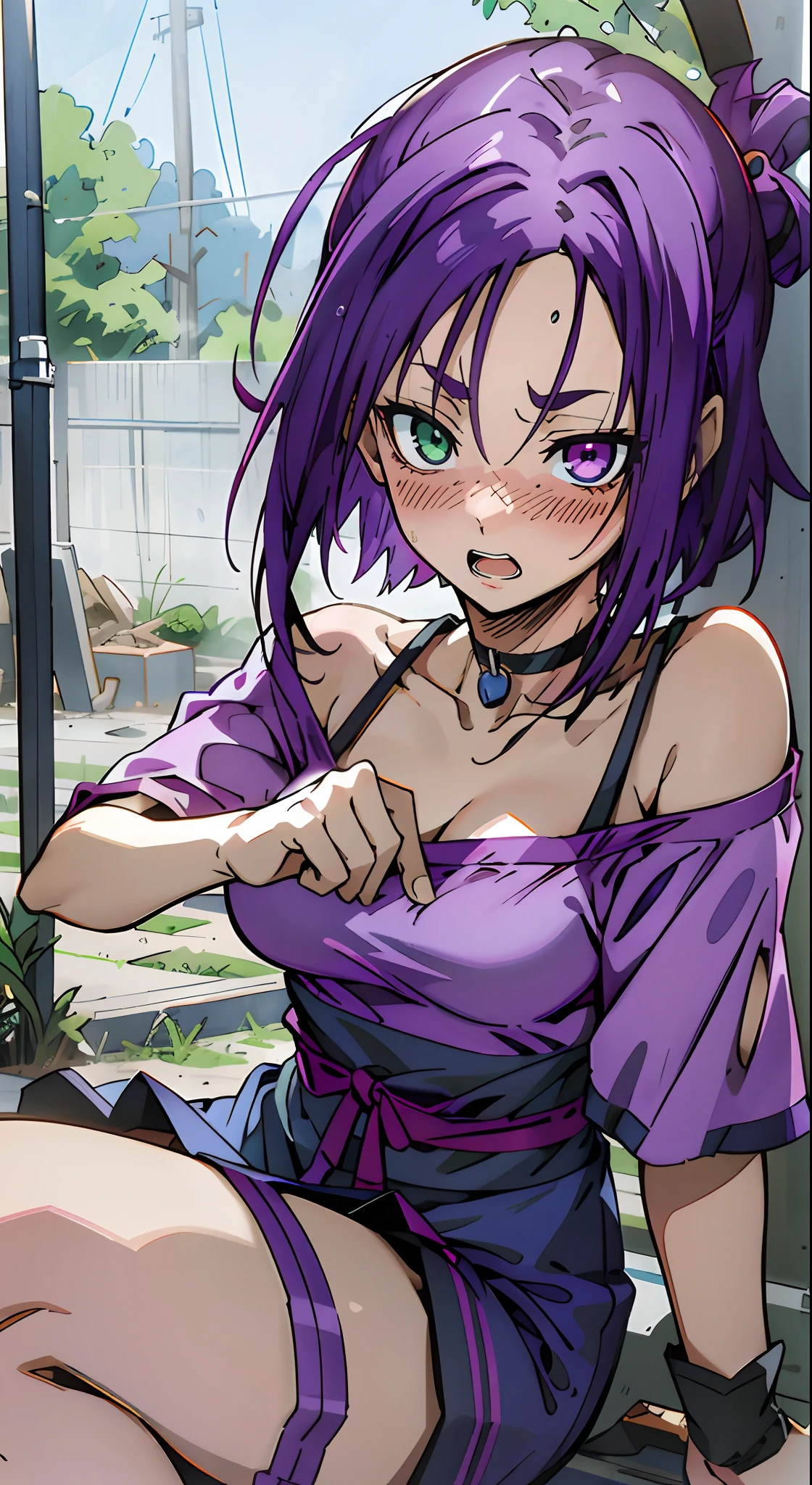 sharpy face, heterochromia, green eyes, purple eyes, open mouth, red blush, black choker