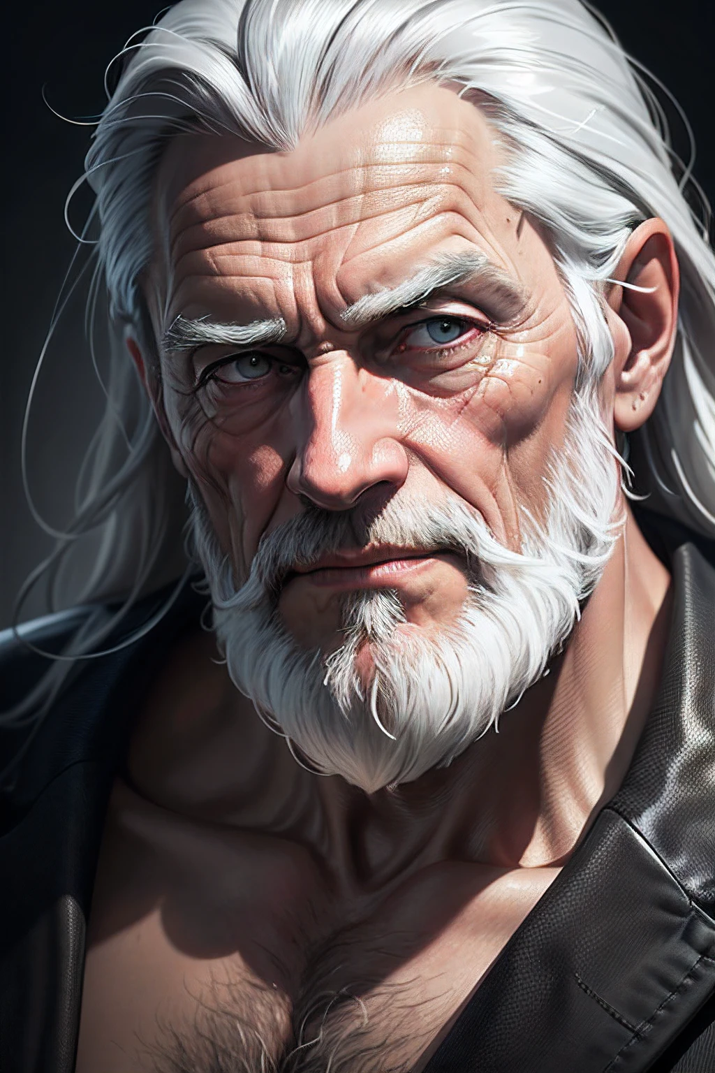 Old man, JP, a very handsome old man, with sunglasses, with long gray hair, massively muscular, with massively large muscles, wearing an orange shirt, seen up close, thick gray beard, tanned skin, brown skin color, dark olive skin color, large nose, hook nose, nose with prominent bridge, veins, thin hair on top of head