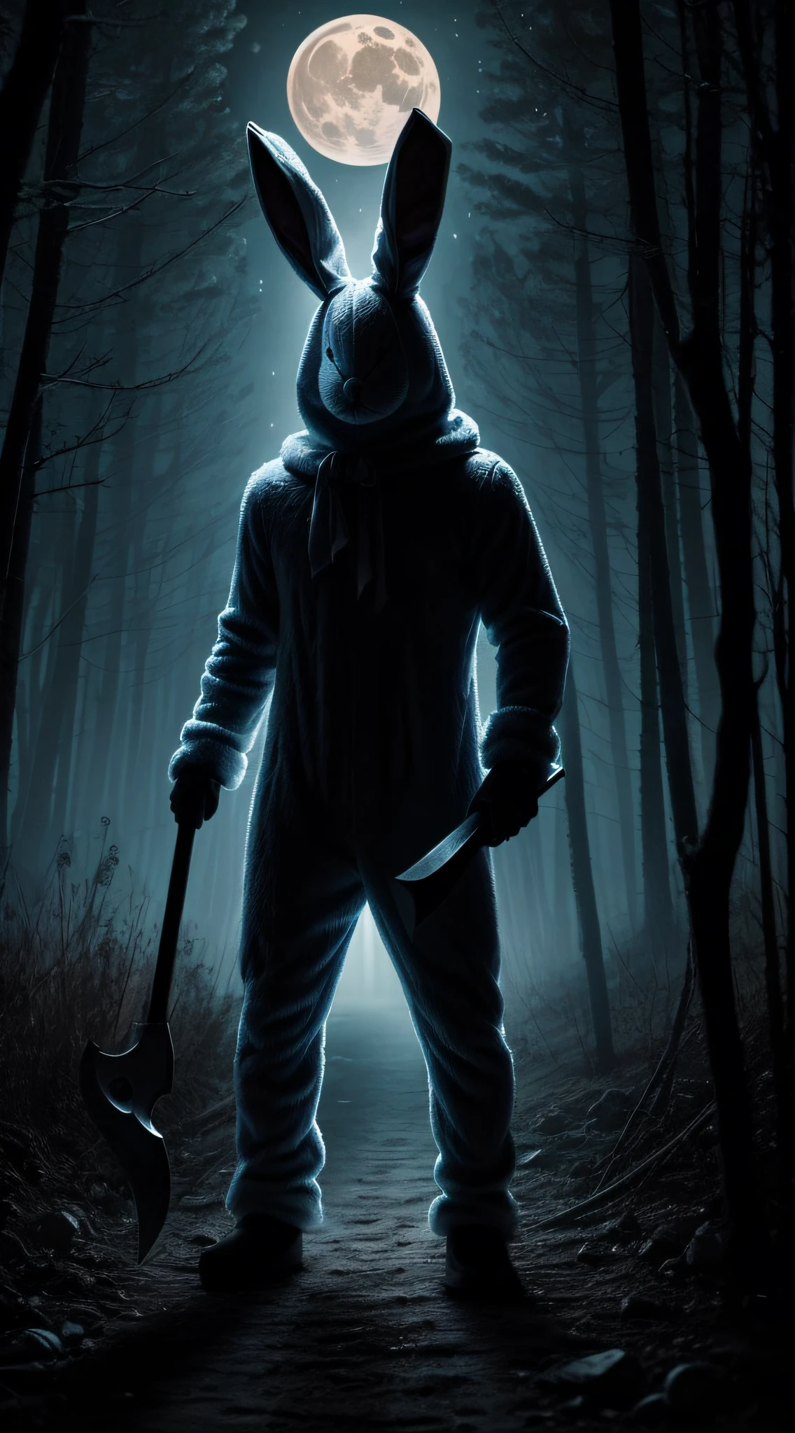 Generate a chilling image of the Bunny Man in his rabbit costume, standing in the moonlight with an axe in hand, creating an atmosphere of terror."