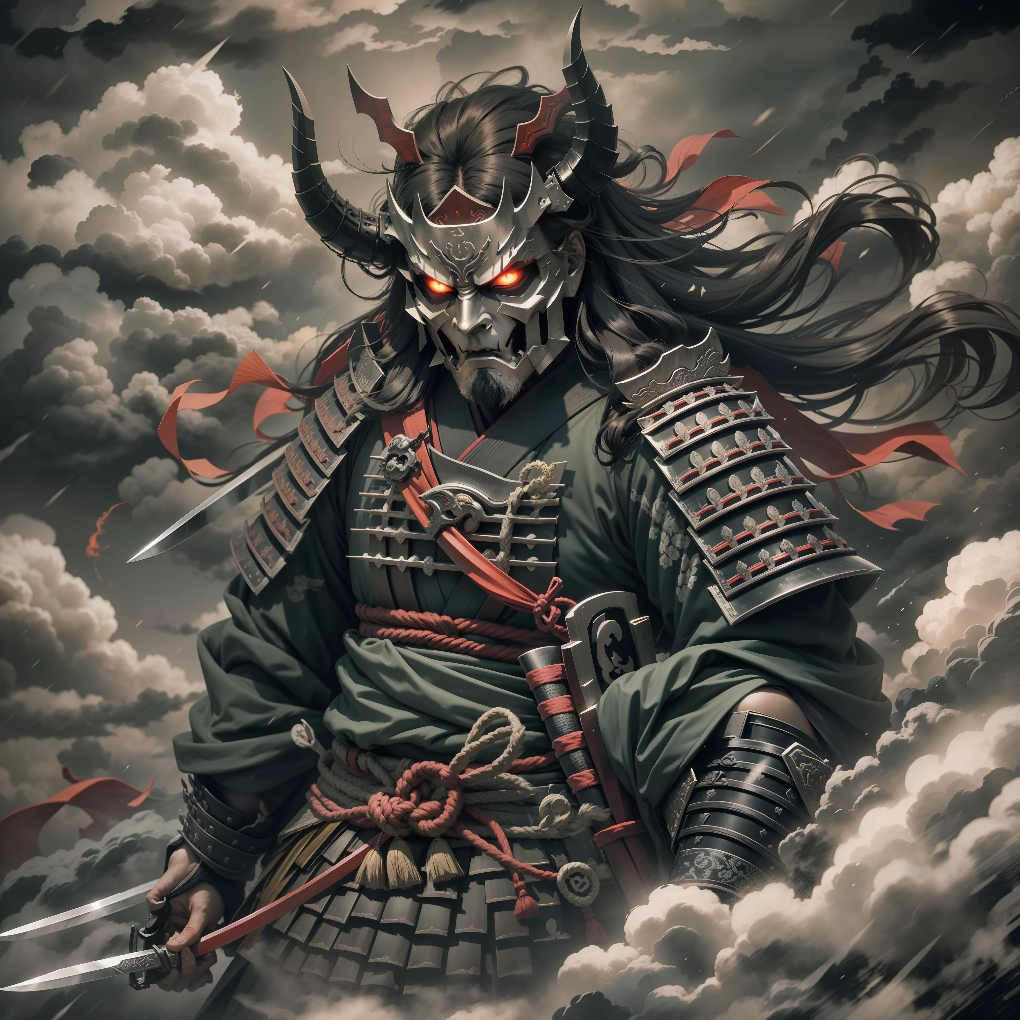 (They are samurai),(Wearing a demon mask),Solo,Upper body ,(long armament, sharp knife),magnificent artwork,((Kyoto panel painting style)),Wind-effect:1.9,Cloud Effect:1.2,Full Rendering,Caustic soda coating, a dark night
