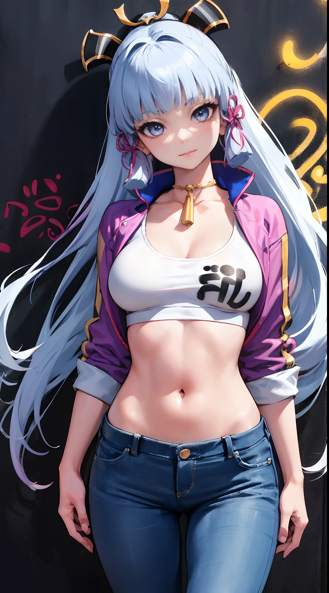 kamisato ayaka|genshin impact, master-piece, bestquality, 1girls,30 years old, proportional body, Big legs, Beautiful, proportional., crop top, Long Jeans, mediuml breasts, ,bara, crop top, choker, (Graffiti:1.5), Splash with purple lightning pattern., arm behind back, against wall, View viewers from the front., Thigh strap, Head tilt, bored,(NSTDA.:1.2), (10, beste-Qualit, master-piece: 1.4), Beautiful red hair, ultra-high resolution, (lifelike, photorealistic portrait: 1.48), (Looking Through Crop Tops.), Famous Japanese actors, beautiful clear eyes, Head tilt, cowboy shot, from the front, looking at the audience, expressionless, Beautiful lake, Zeiss 150mm F/ 2.8 Hasselblad, Whole body, foot, Ultra-Wide Angle,